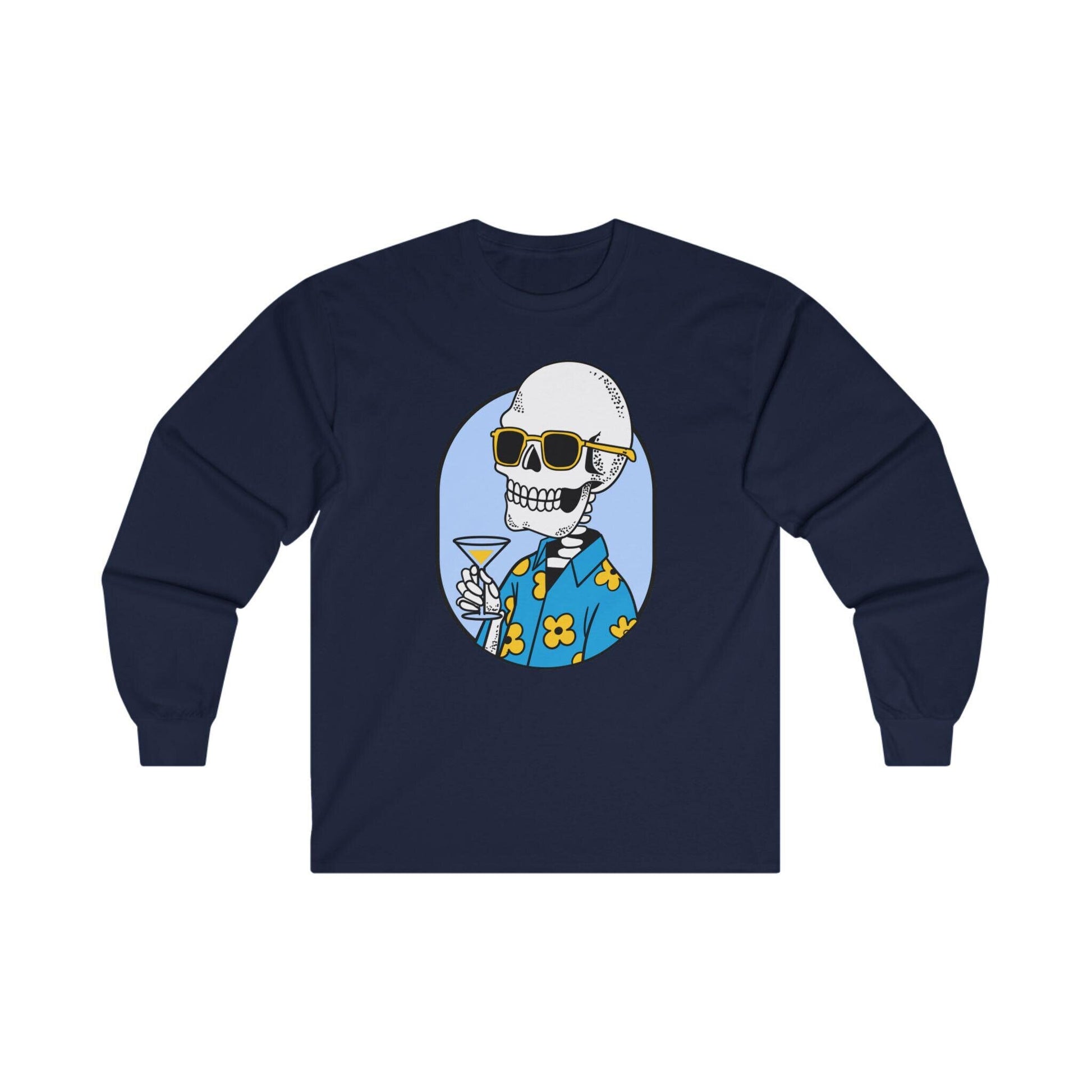 Spooky Skeleton Halloween Unisex Tee, Fun Drinking Crewneck Shirt, Halloween Apparel, Cotton Long Sleeve