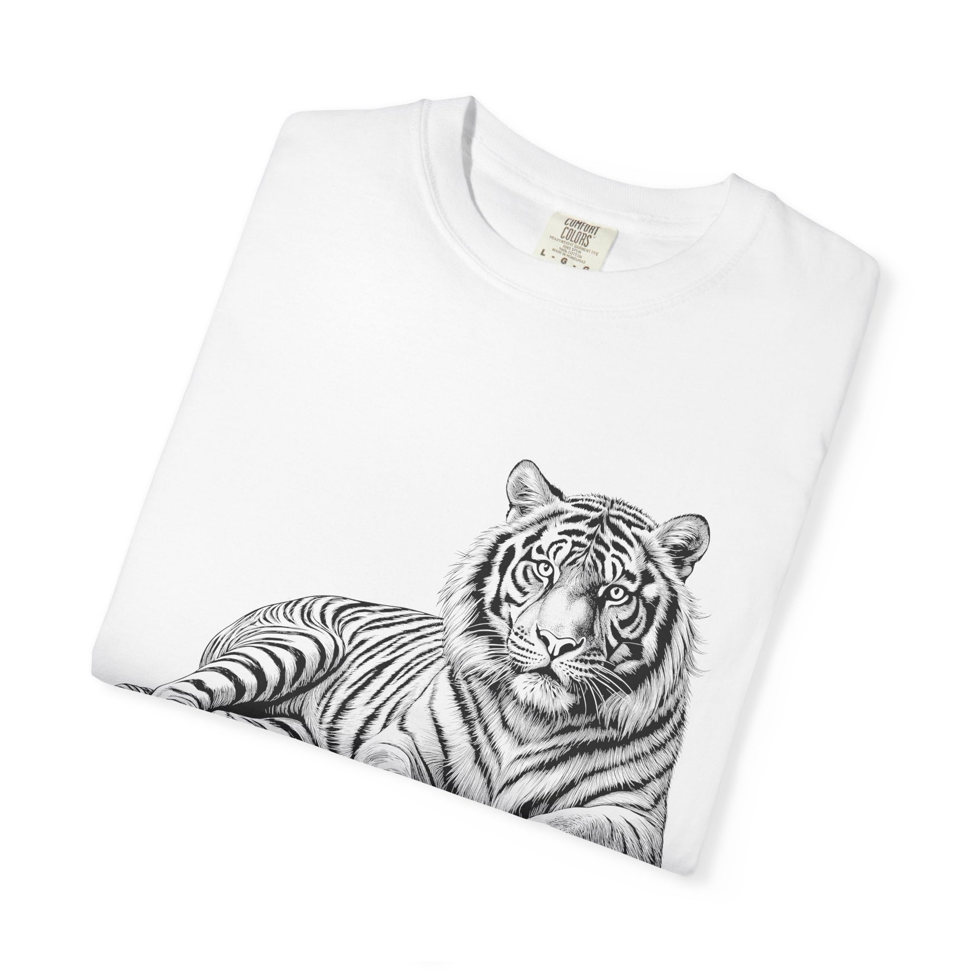 White Tee with Detailed Lying Tiger Illustration