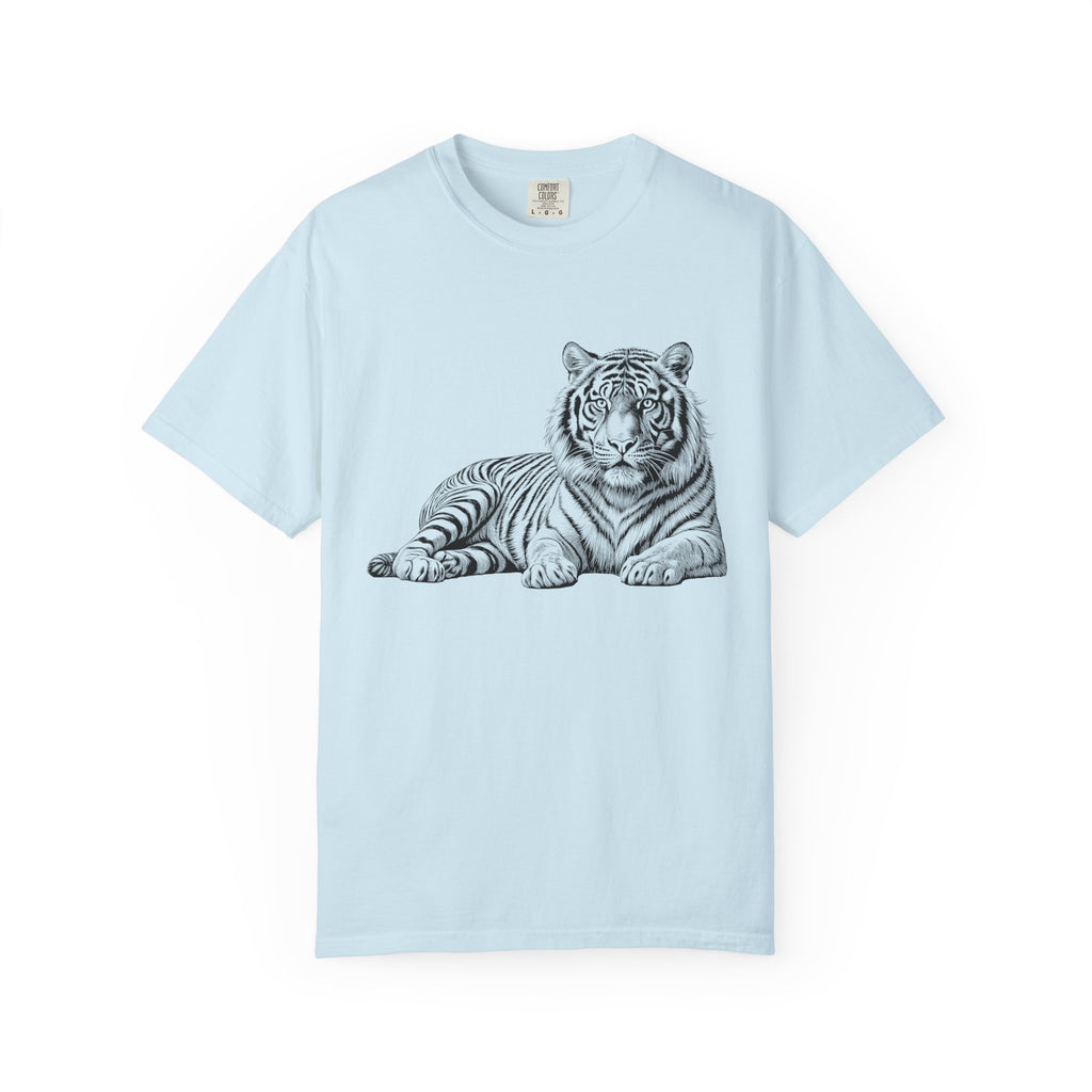 White Tee with Detailed Lying Tiger Illustration