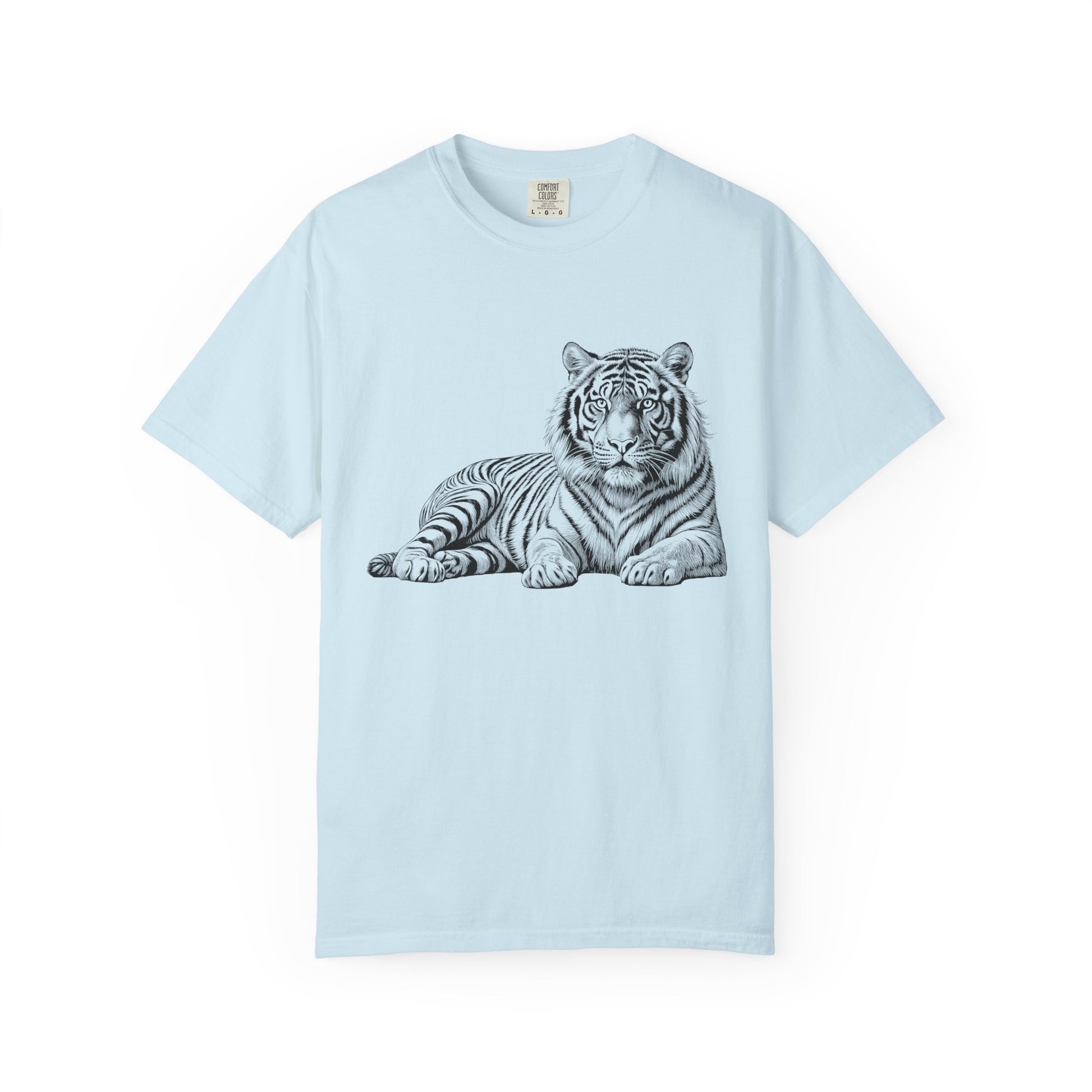 White Tee with Detailed Lying Tiger Illustration