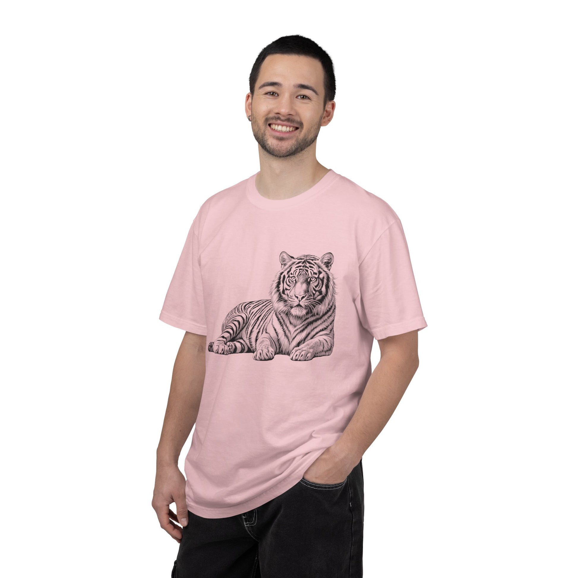 White Tee with Detailed Lying Tiger Illustration
