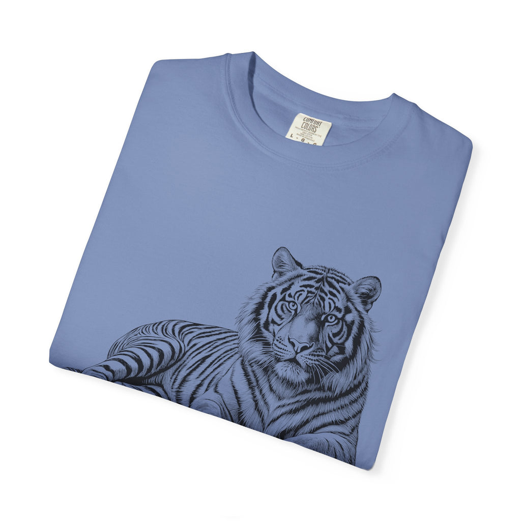 White Tee with Detailed Lying Tiger Illustration