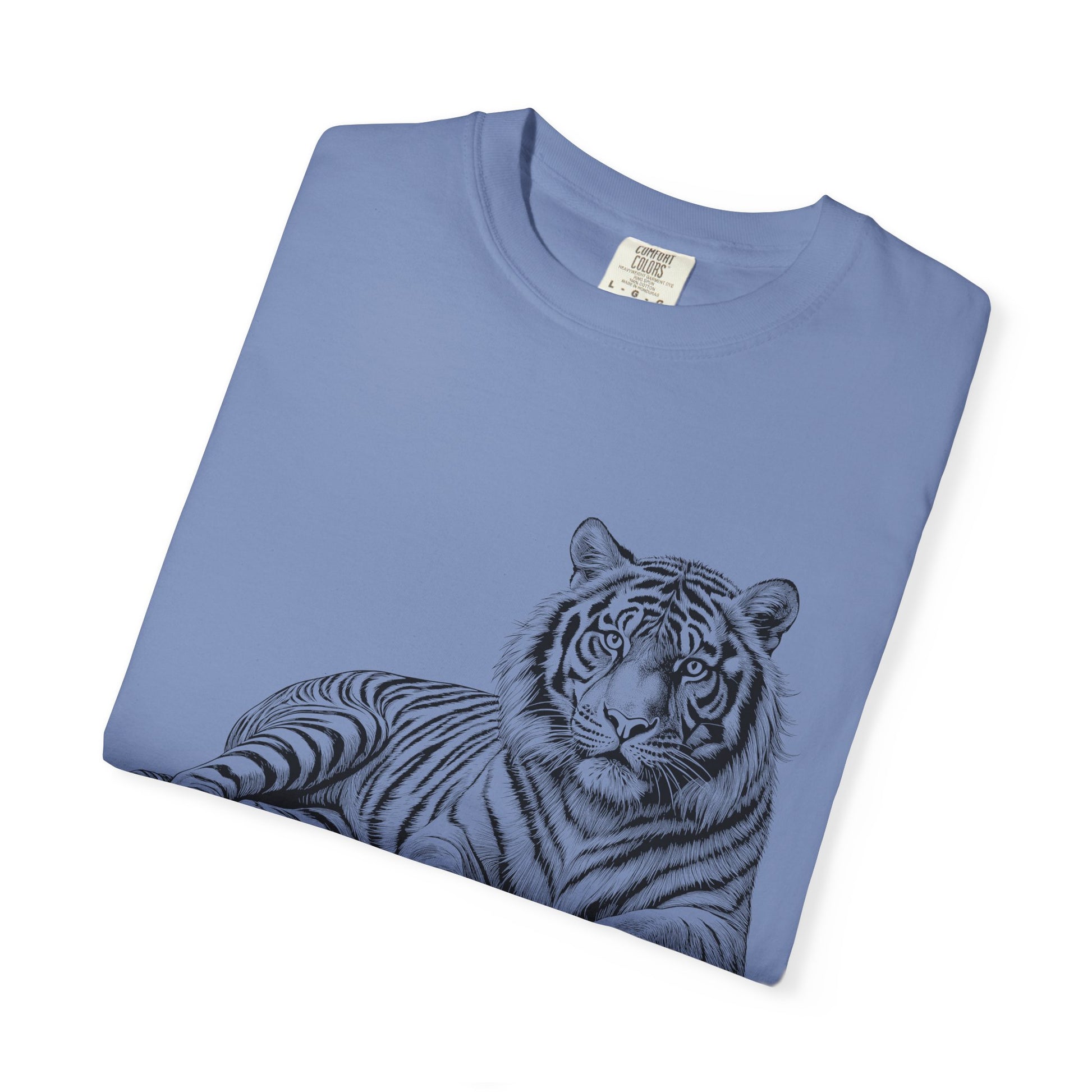 White Tee with Detailed Lying Tiger Illustration