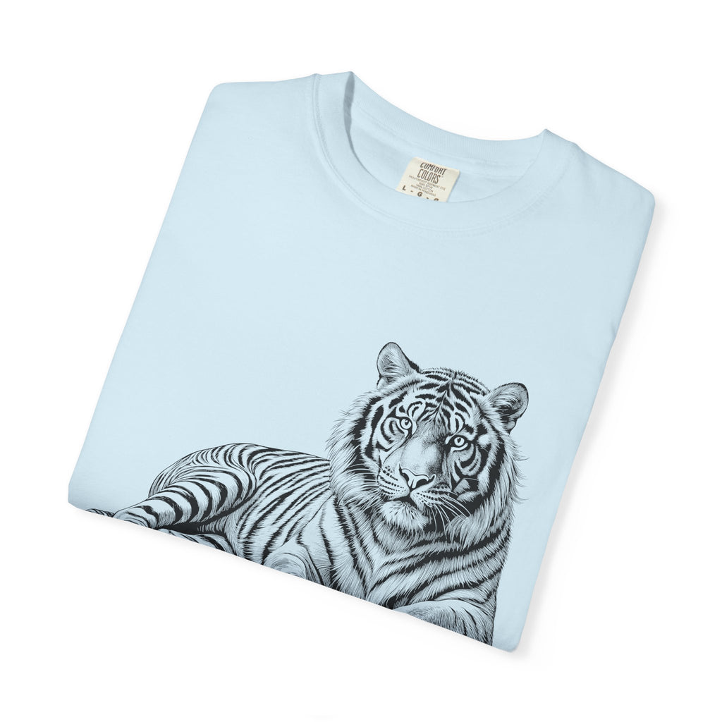 White Tee with Detailed Lying Tiger Illustration