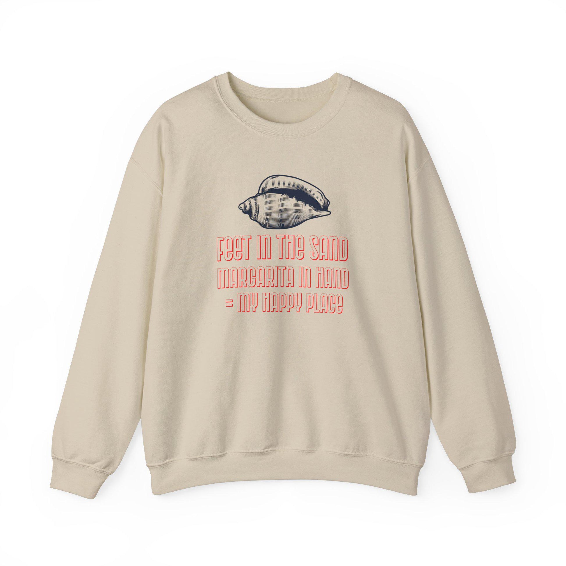 Funny Cruise Sweatshirt - "Feet in the Sand Margarita in Hand = My Happy Place" Unisex Heavy Blend Crewneck Sweater