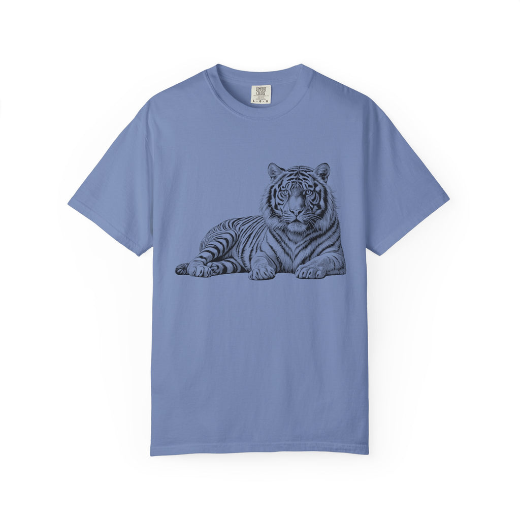 White Tee with Detailed Lying Tiger Illustration