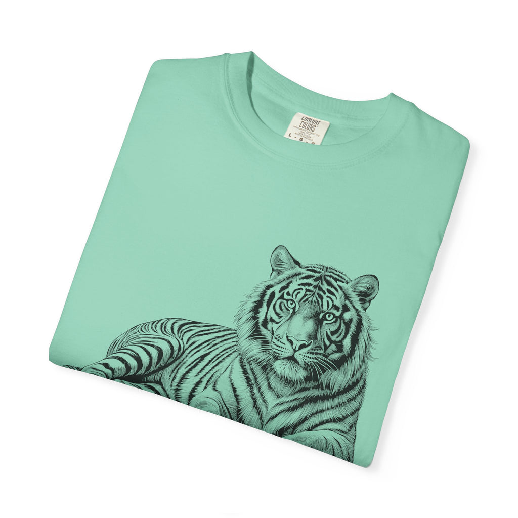 White Tee with Detailed Lying Tiger Illustration
