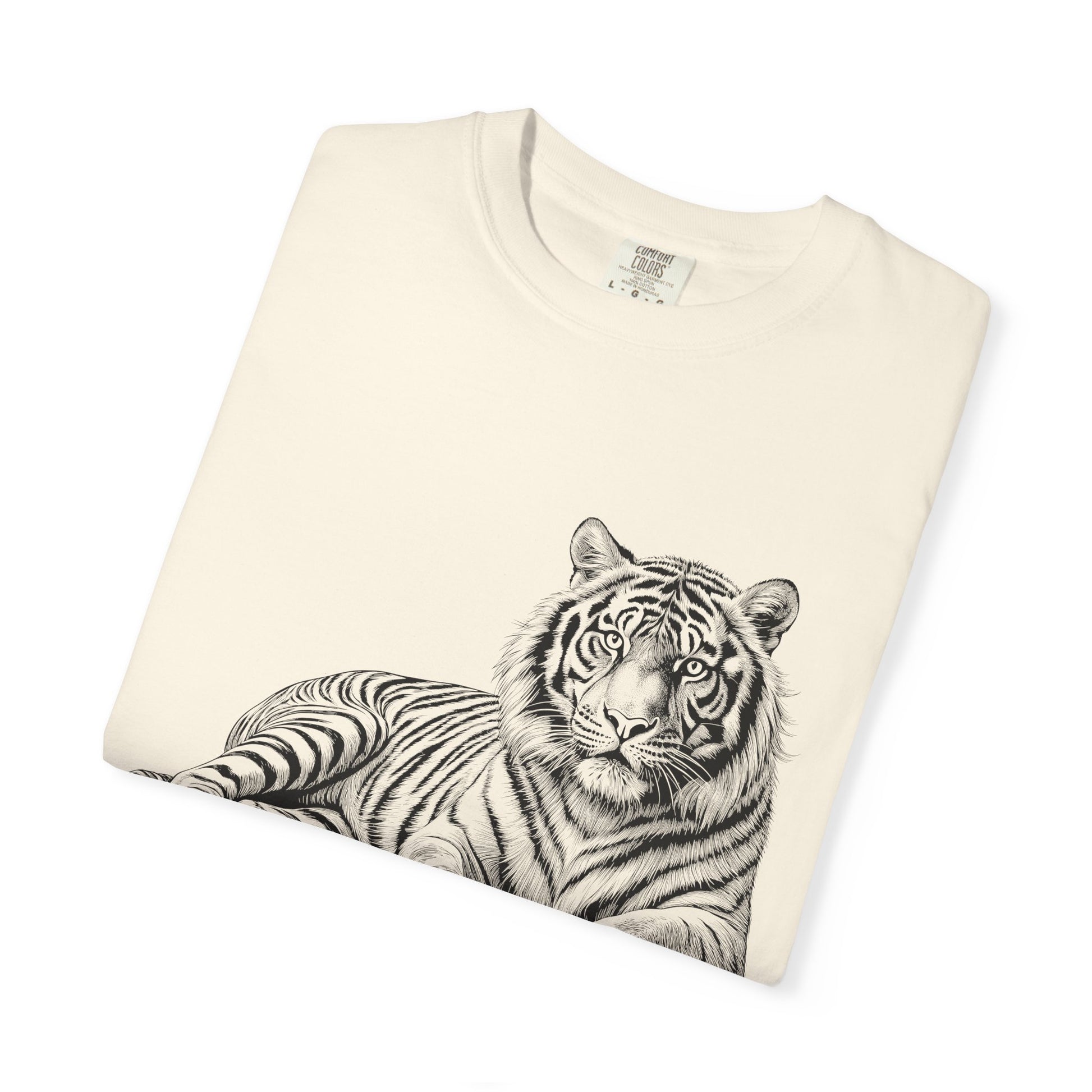White Tee with Detailed Lying Tiger Illustration