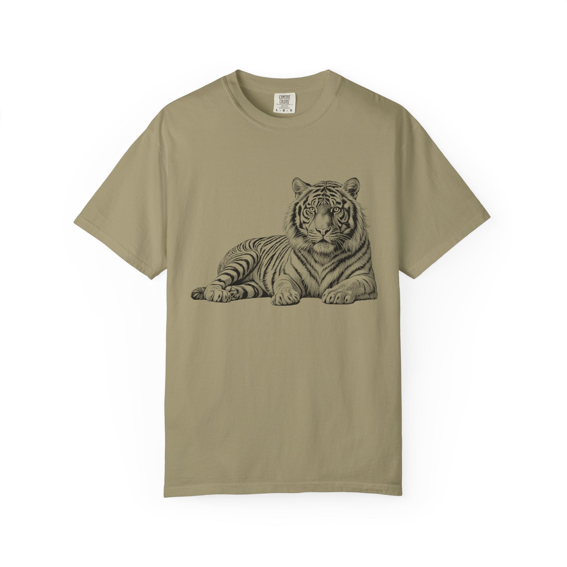 White Tee with Detailed Lying Tiger Illustration