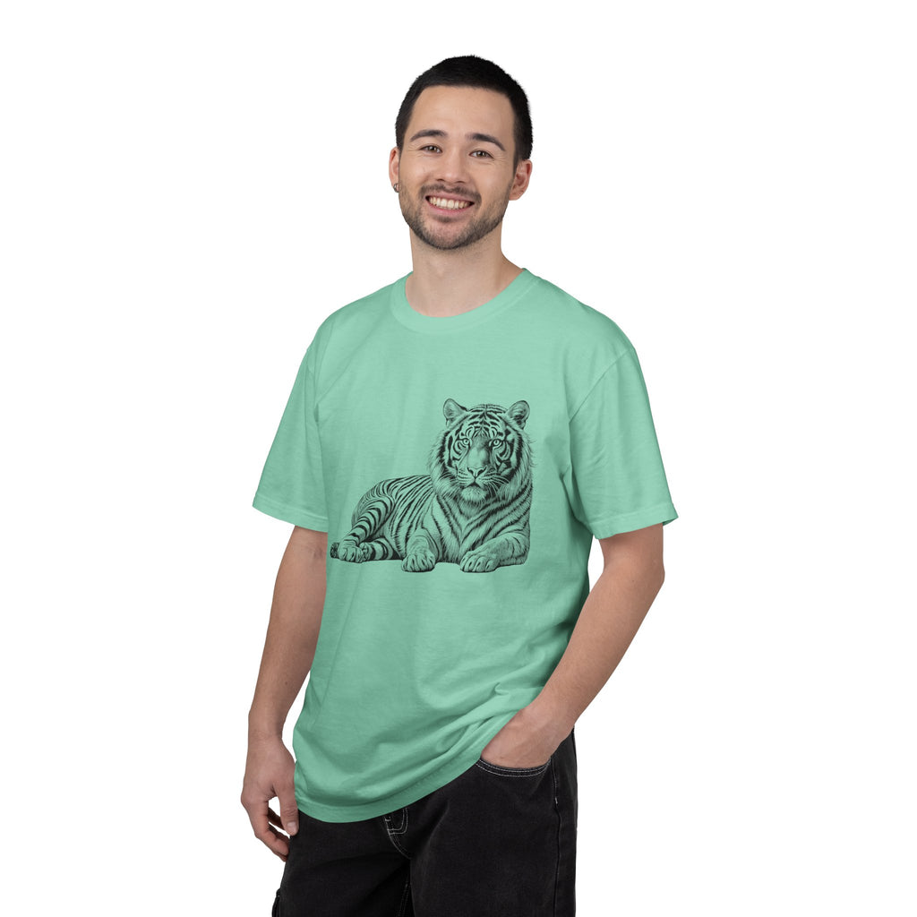 White Tee with Detailed Lying Tiger Illustration