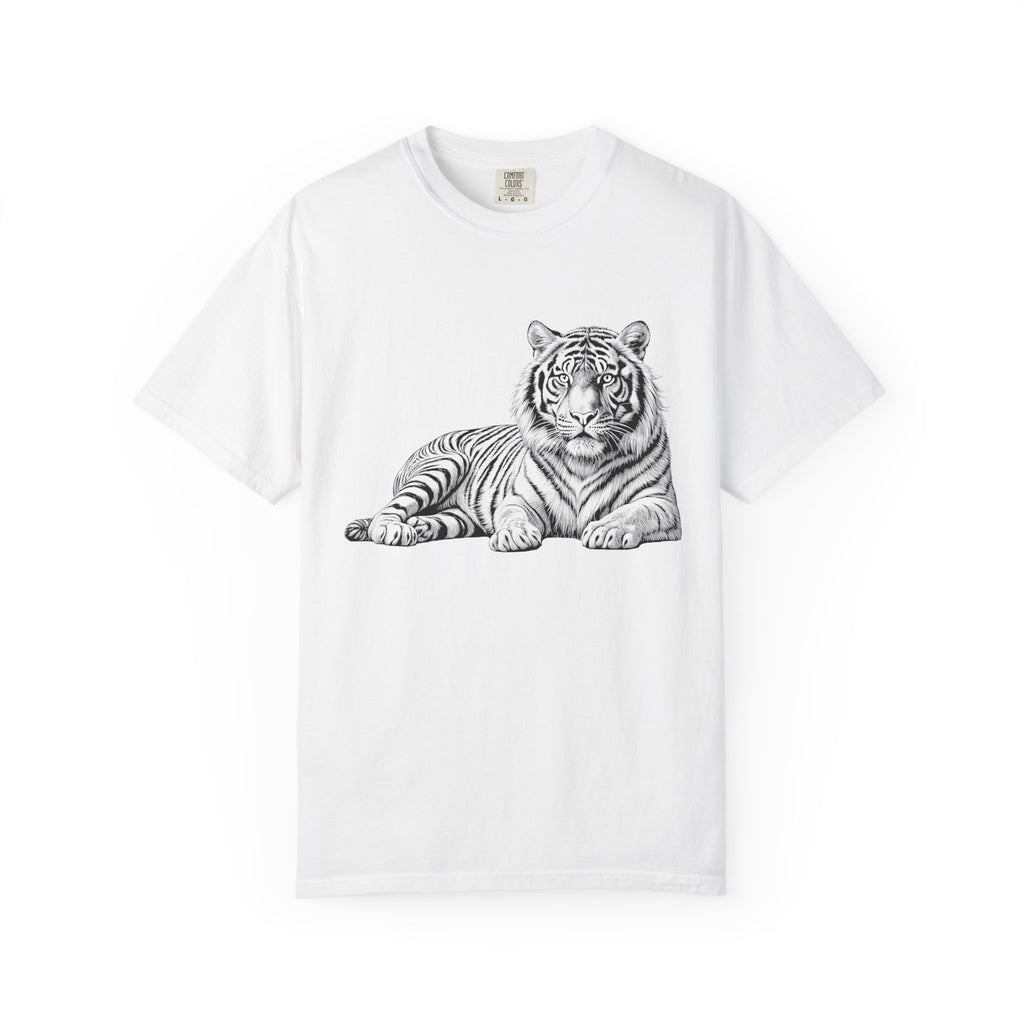 White Tee with Detailed Lying Tiger Illustration