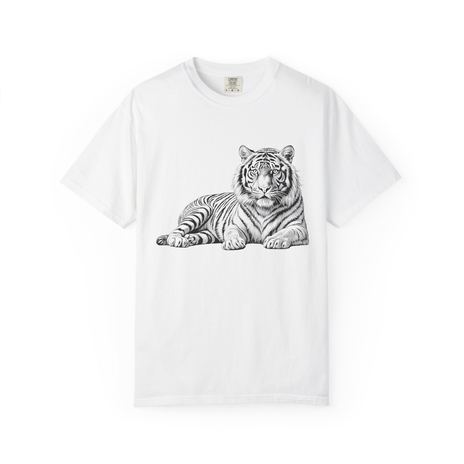 White Tee with Detailed Lying Tiger Illustration