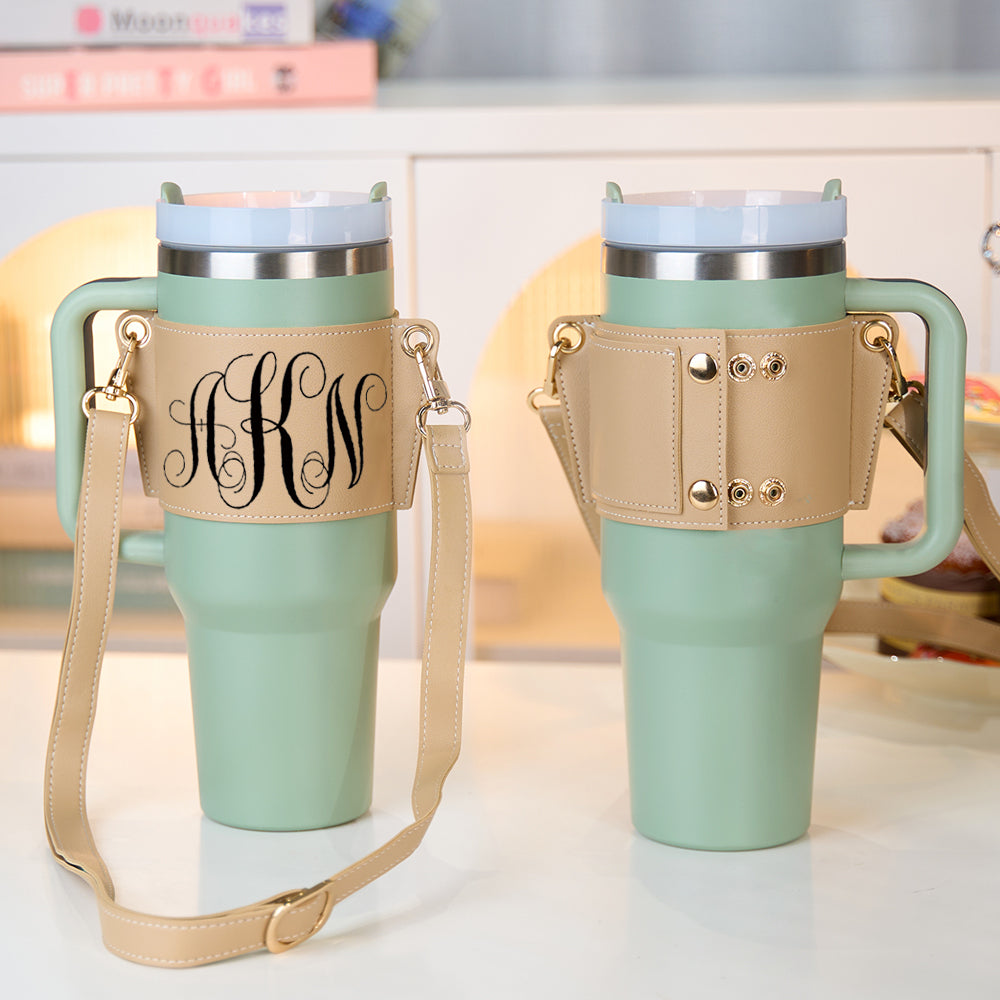 Personalized Monogram Water Bottle Carrier Bag for 40oz Stanley Tumbler with Adjustable Strap Birthday Gift for Her