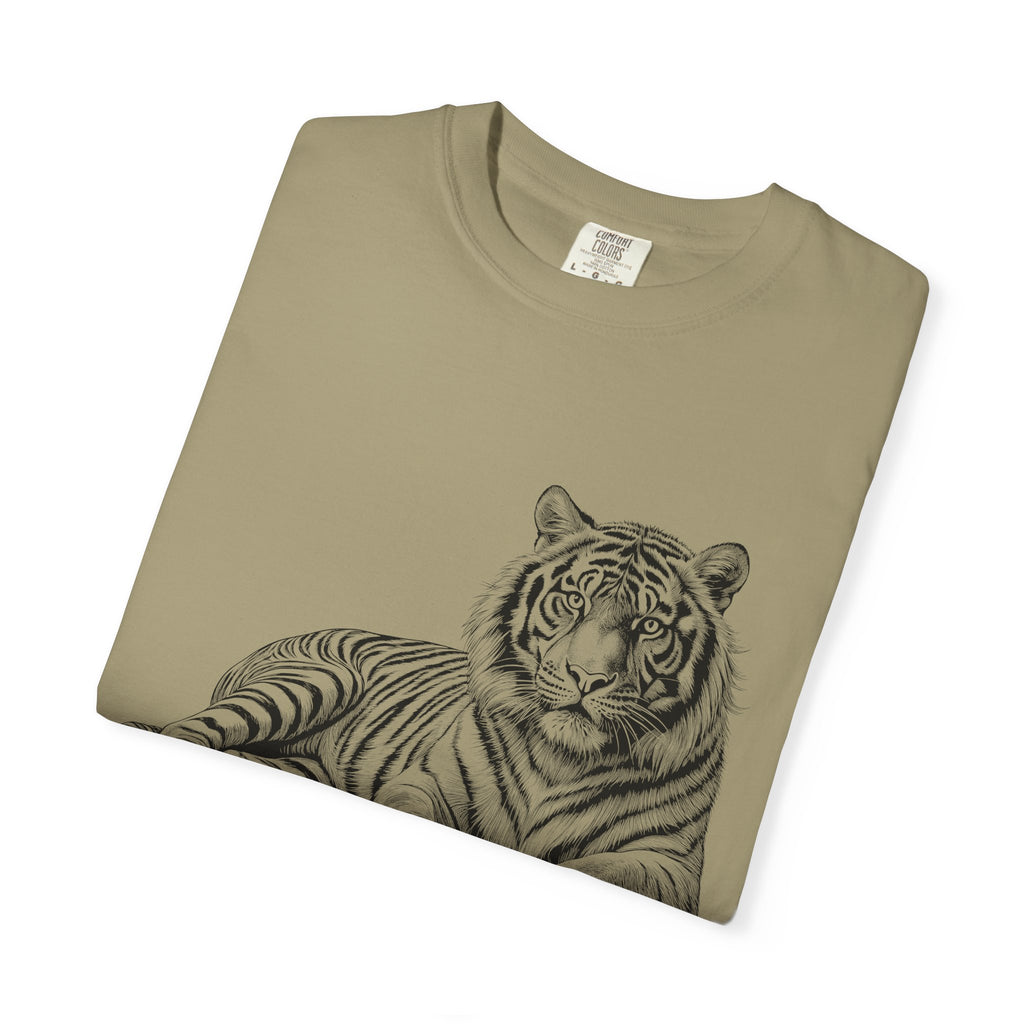 White Tee with Detailed Lying Tiger Illustration