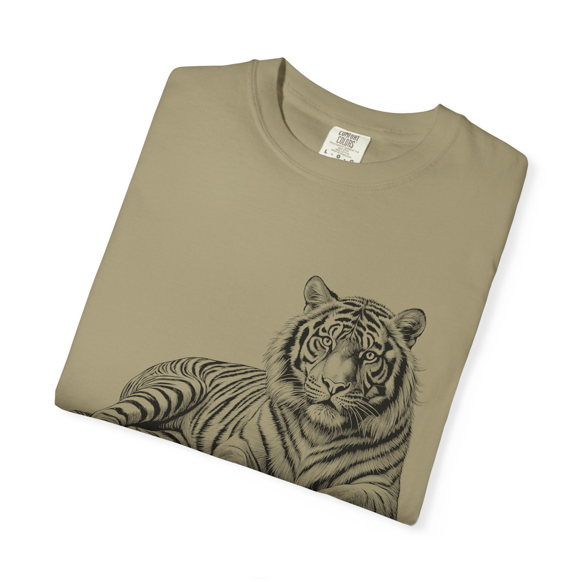White Tee with Detailed Lying Tiger Illustration