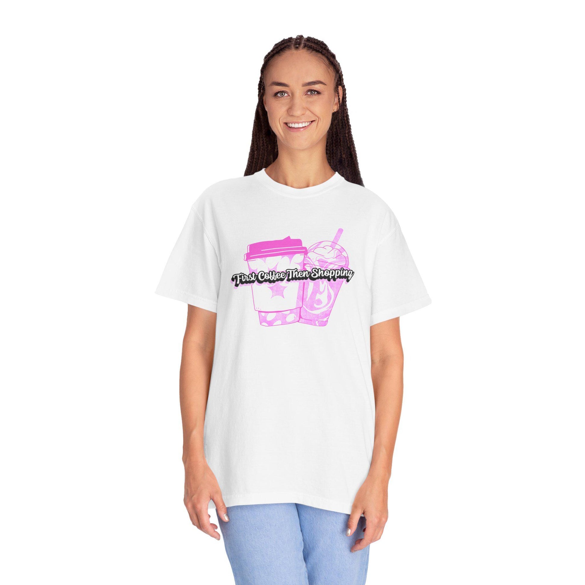 Coffee Lovers Unisex Tee, Shopaholic Gift, Trendy Summer T-shirt, Casual Outfit, First Coffee Then Shopping Shirt, Comfort Colors Tee