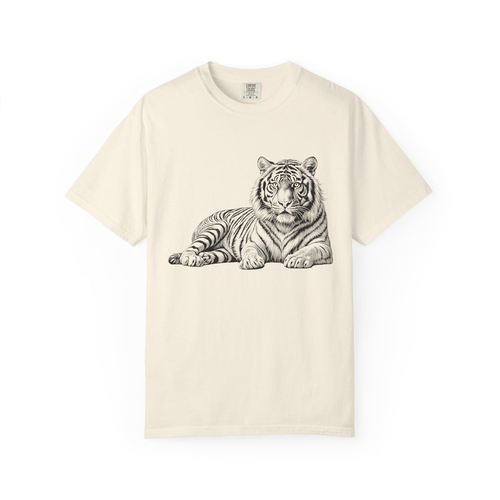 White Tee with Detailed Lying Tiger Illustration
