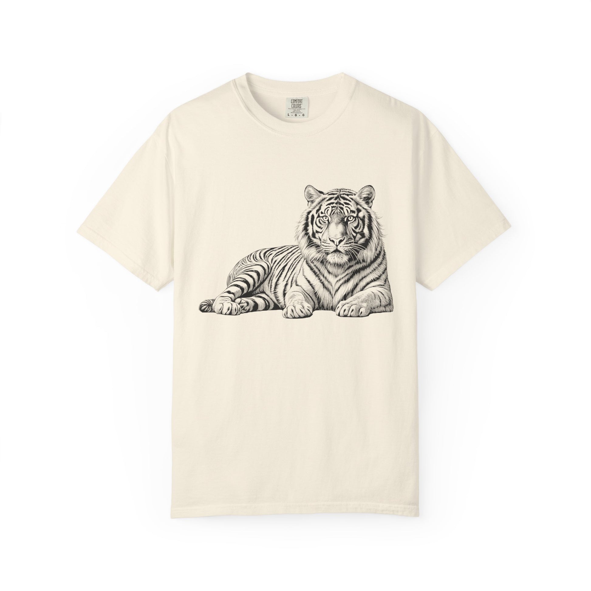 White Tee with Detailed Lying Tiger Illustration