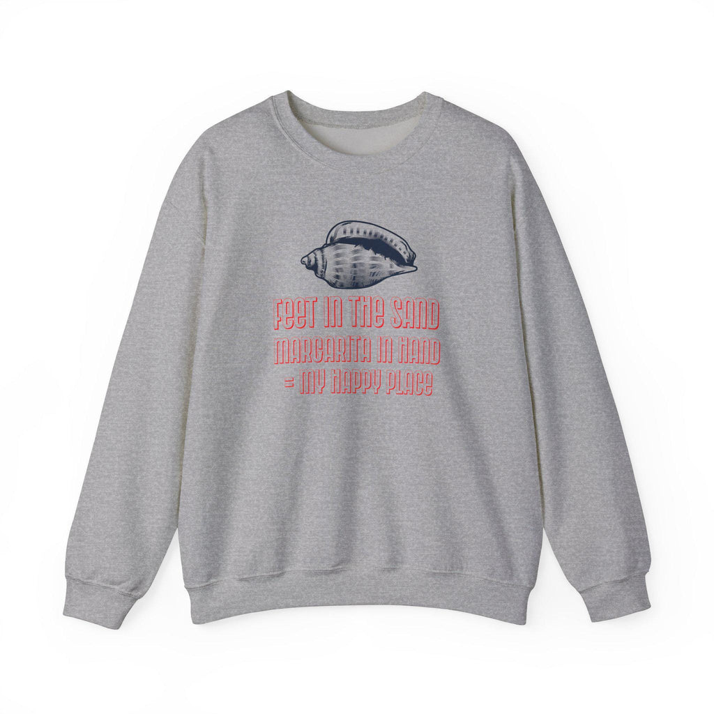 Funny Cruise Sweatshirt - "Feet in the Sand Margarita in Hand = My Happy Place" Unisex Heavy Blend Crewneck Sweater