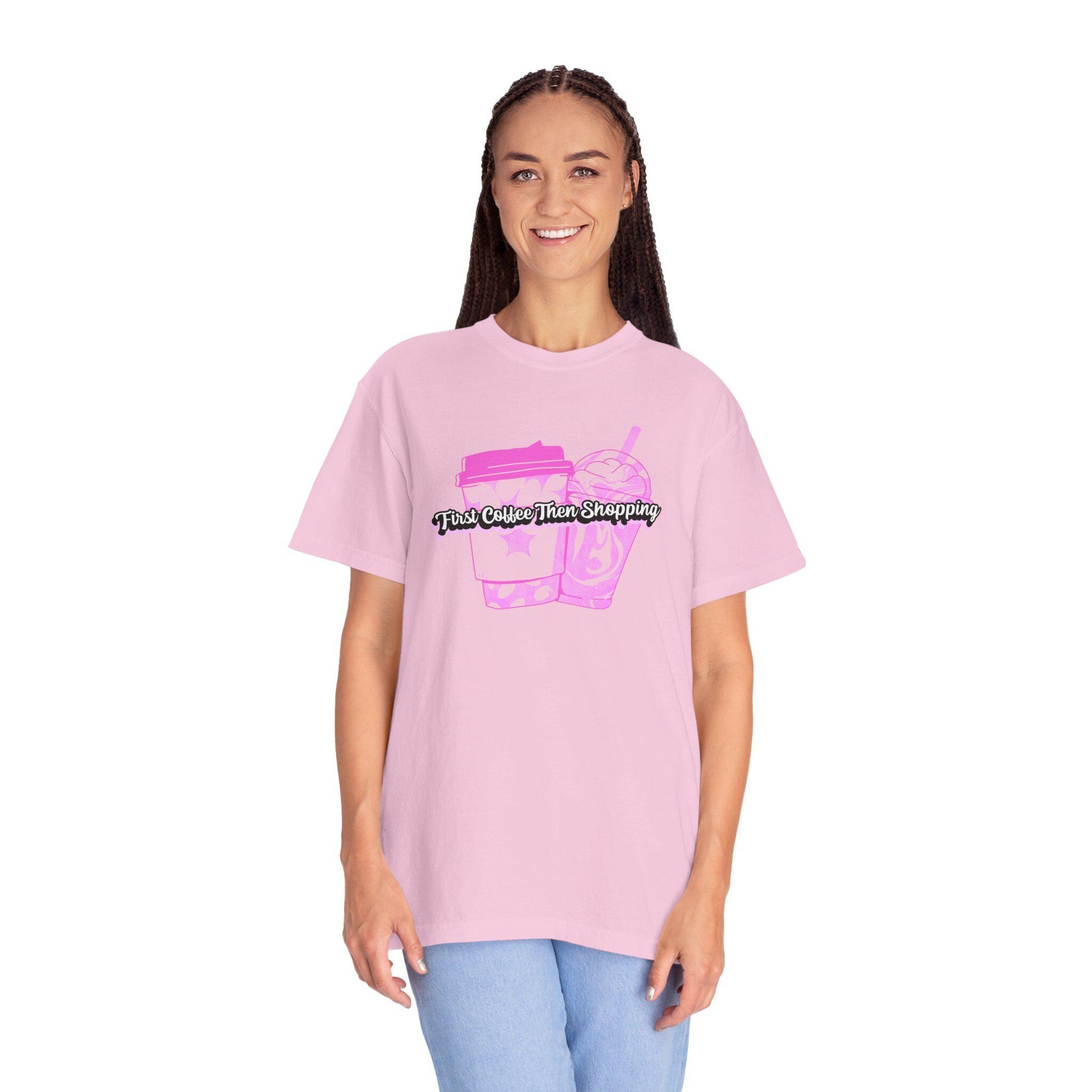 Coffee Lovers Unisex Tee, Shopaholic Gift, Trendy Summer T-shirt, Casual Outfit, First Coffee Then Shopping Shirt, Comfort Colors Tee