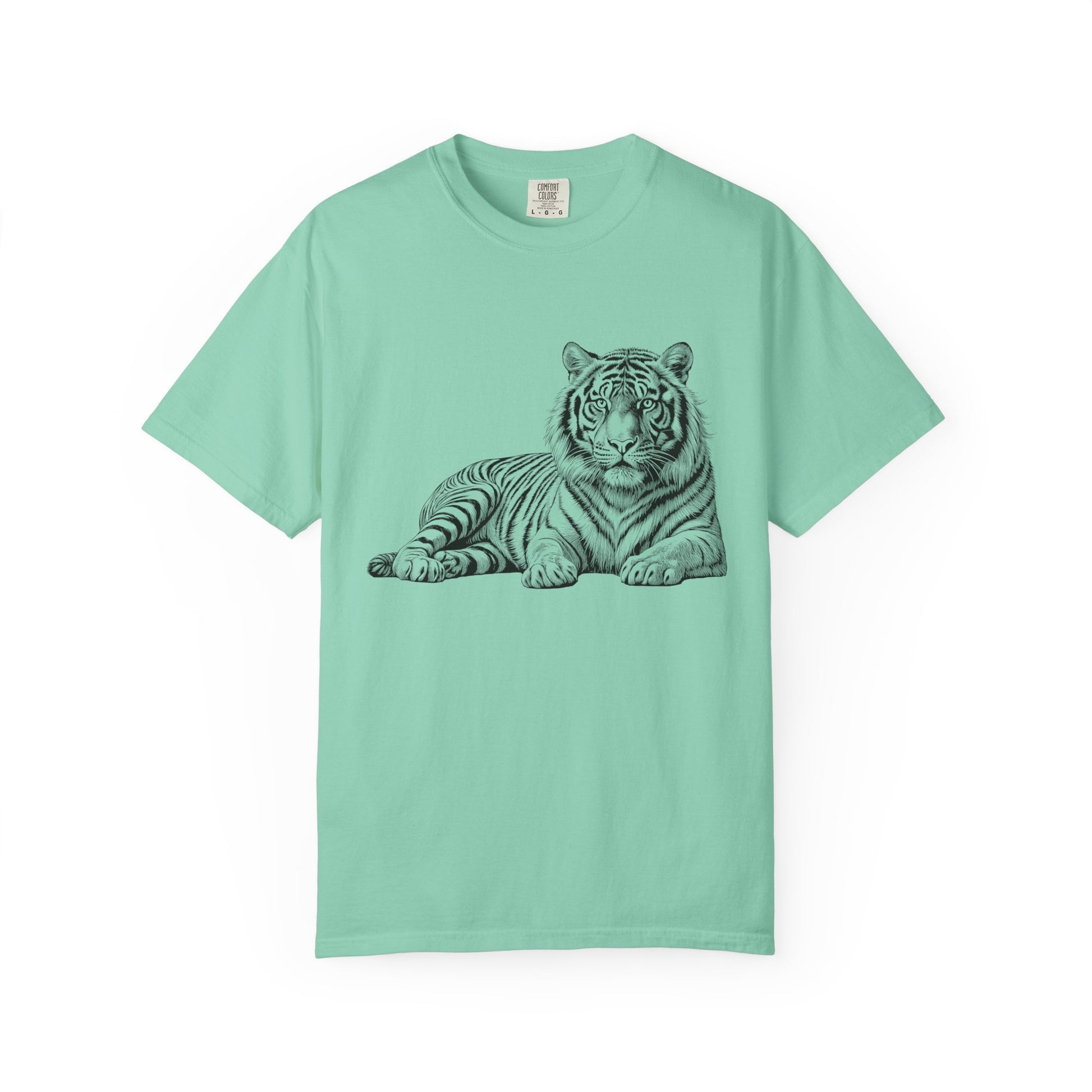 White Tee with Detailed Lying Tiger Illustration