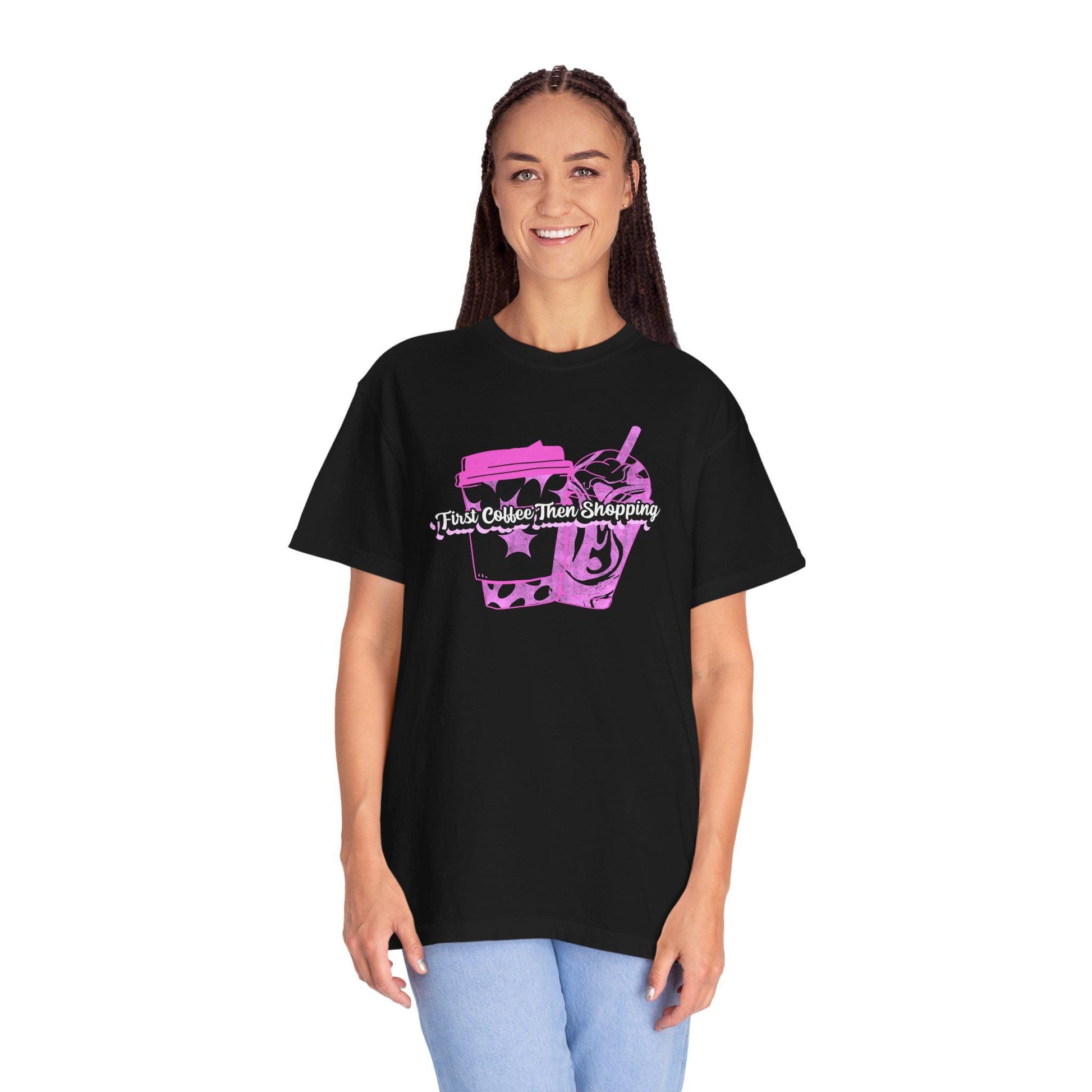 Coffee Lovers Unisex Tee, Shopaholic Gift, Trendy Summer T-shirt, Casual Outfit, First Coffee Then Shopping Shirt, Comfort Colors Tee