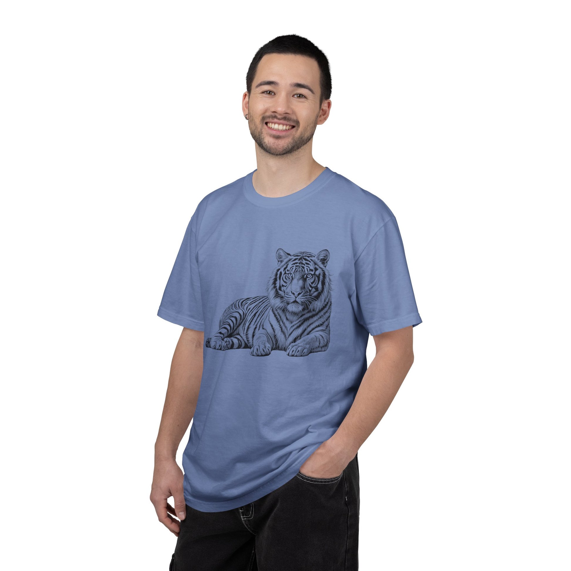 White Tee with Detailed Lying Tiger Illustration