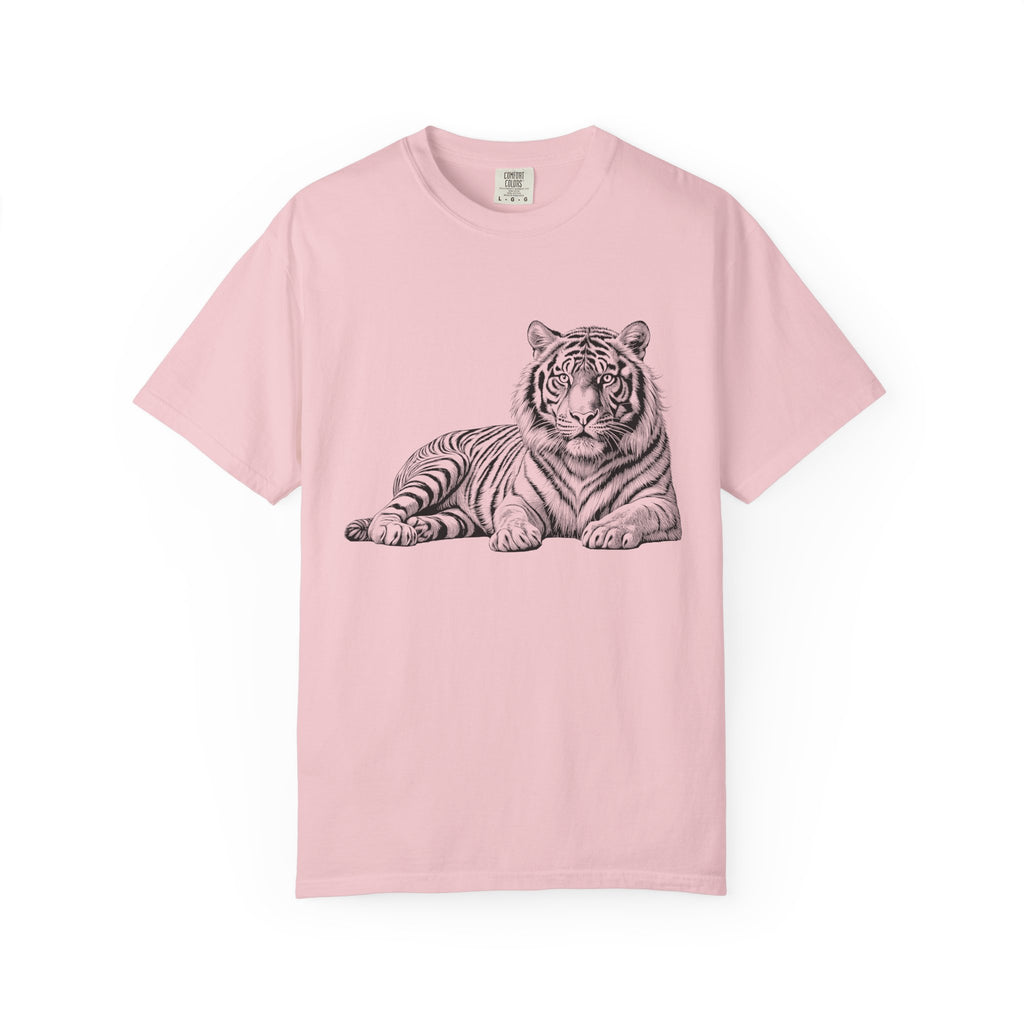 White Tee with Detailed Lying Tiger Illustration