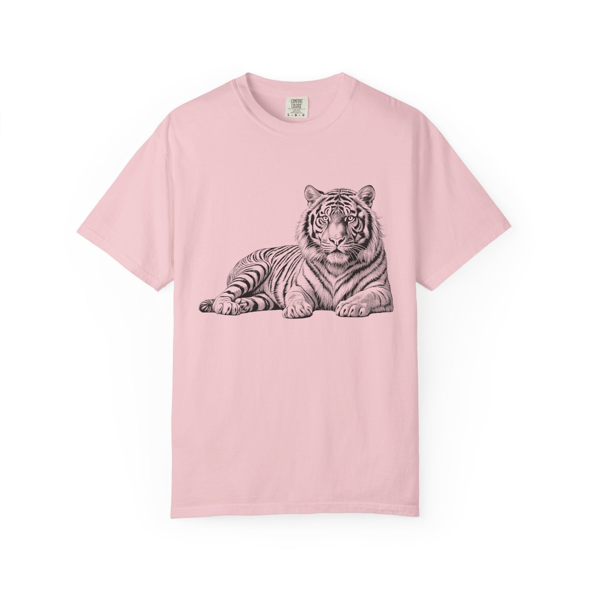 White Tee with Detailed Lying Tiger Illustration