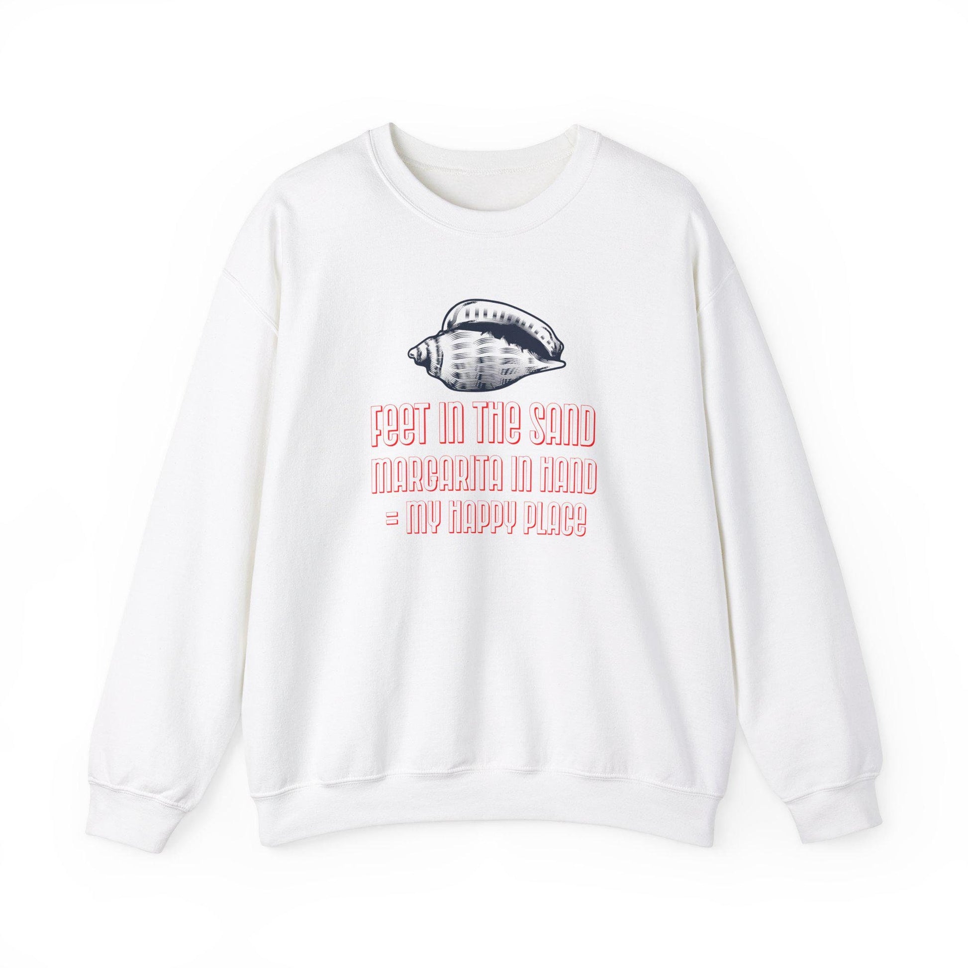 Funny Cruise Sweatshirt - "Feet in the Sand Margarita in Hand = My Happy Place" Unisex Heavy Blend Crewneck Sweater