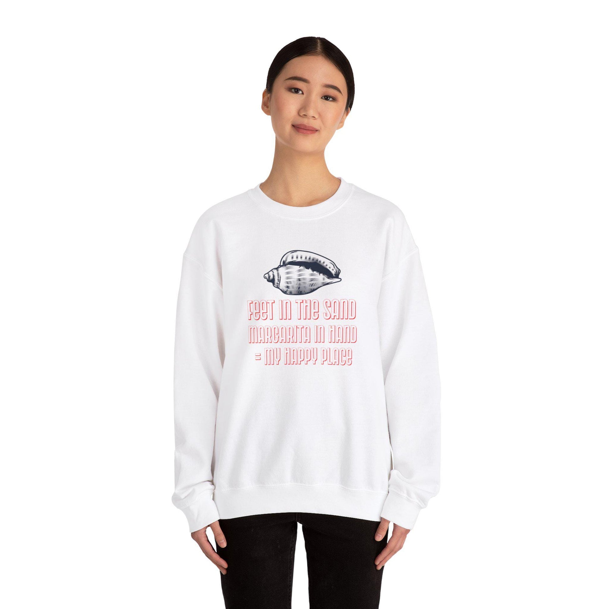 Funny Cruise Sweatshirt - "Feet in the Sand Margarita in Hand = My Happy Place" Unisex Heavy Blend Crewneck Sweater