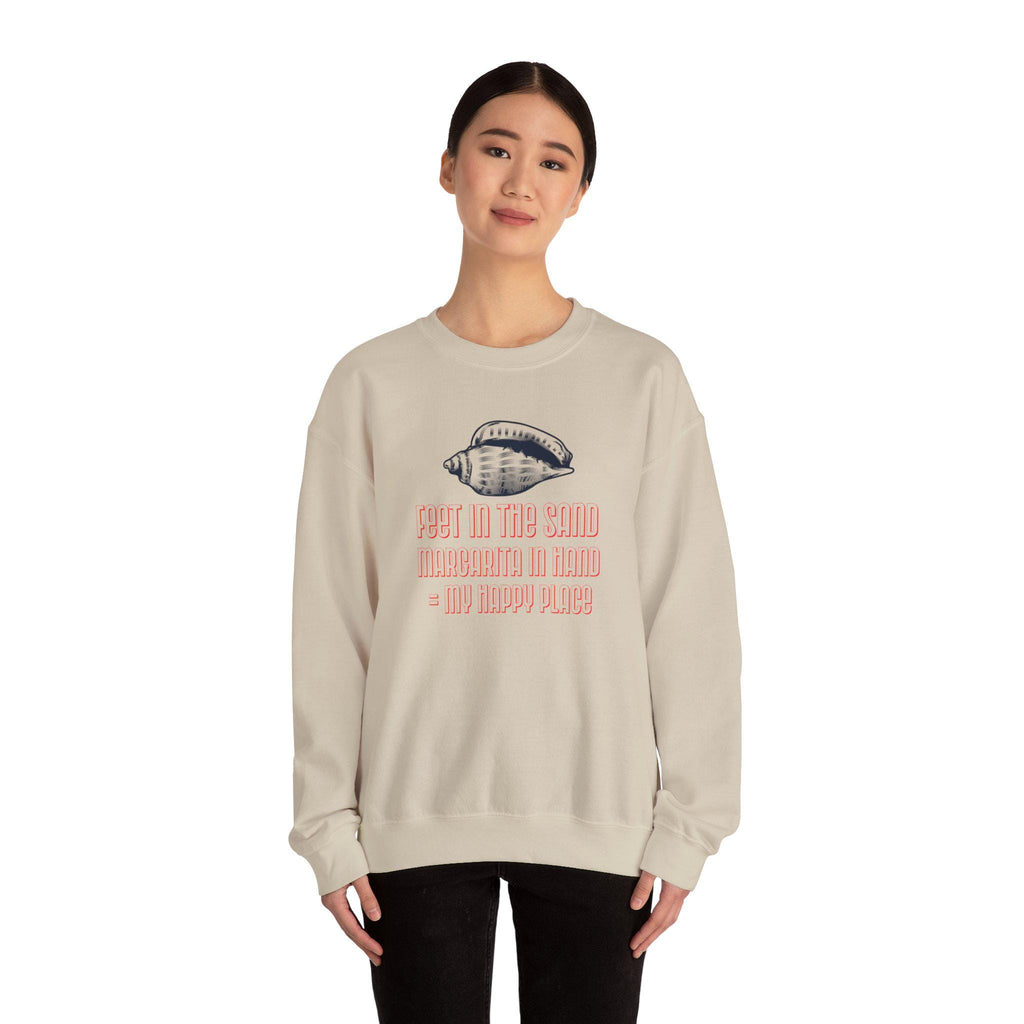 Funny Cruise Sweatshirt - "Feet in the Sand Margarita in Hand = My Happy Place" Unisex Heavy Blend Crewneck Sweater