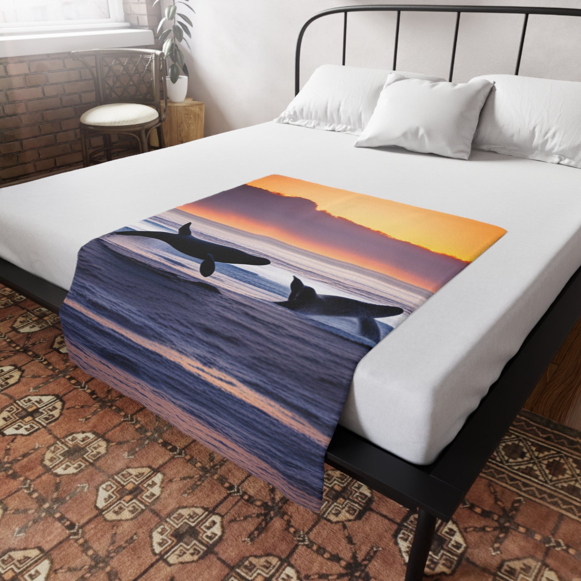 Whales at sunrise Plush Fleece Blanket perfect gift for every beach/ocean and nature lover