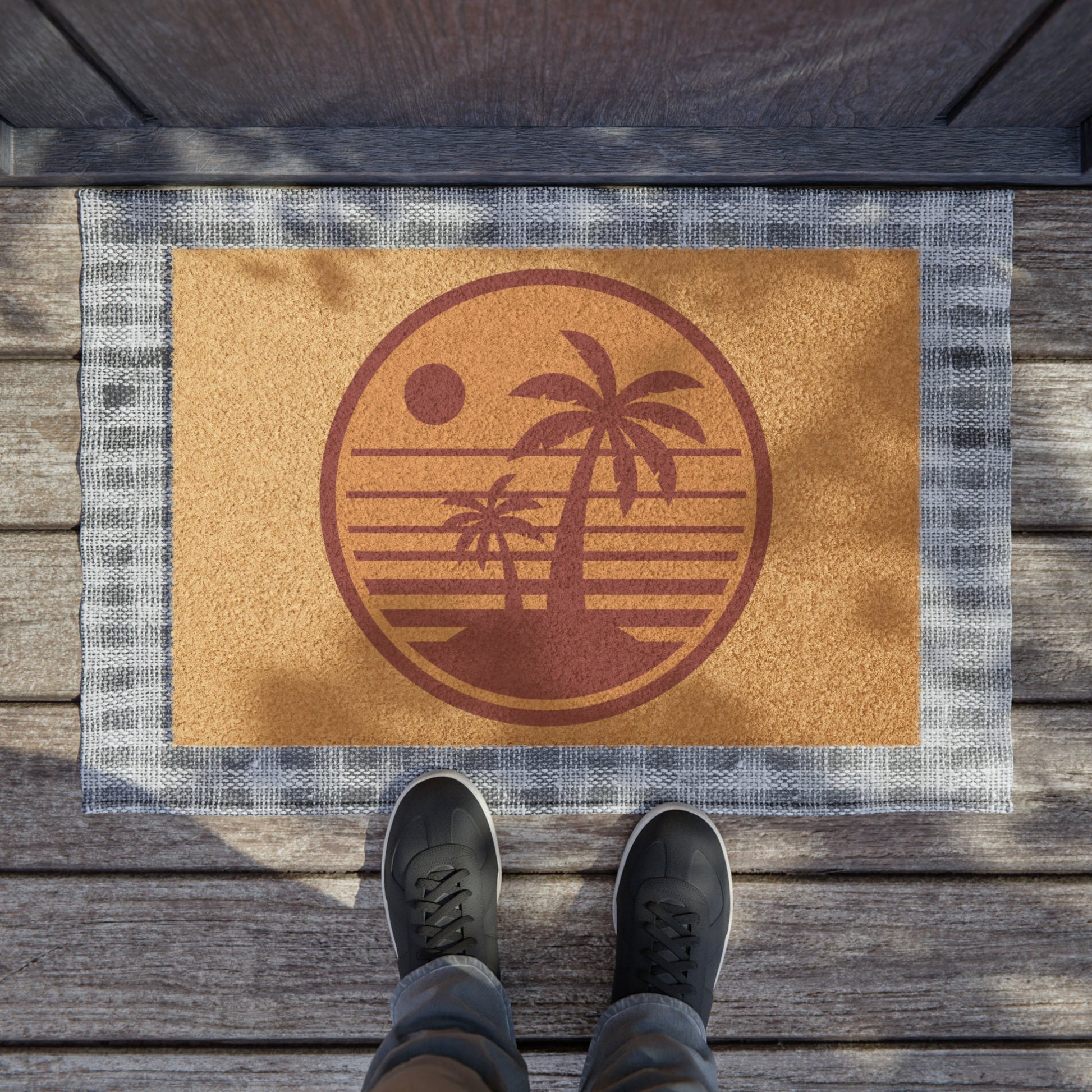 Indoor/Outdoor Doormat with Retro Palm Trees & Sunset Design for you or gift