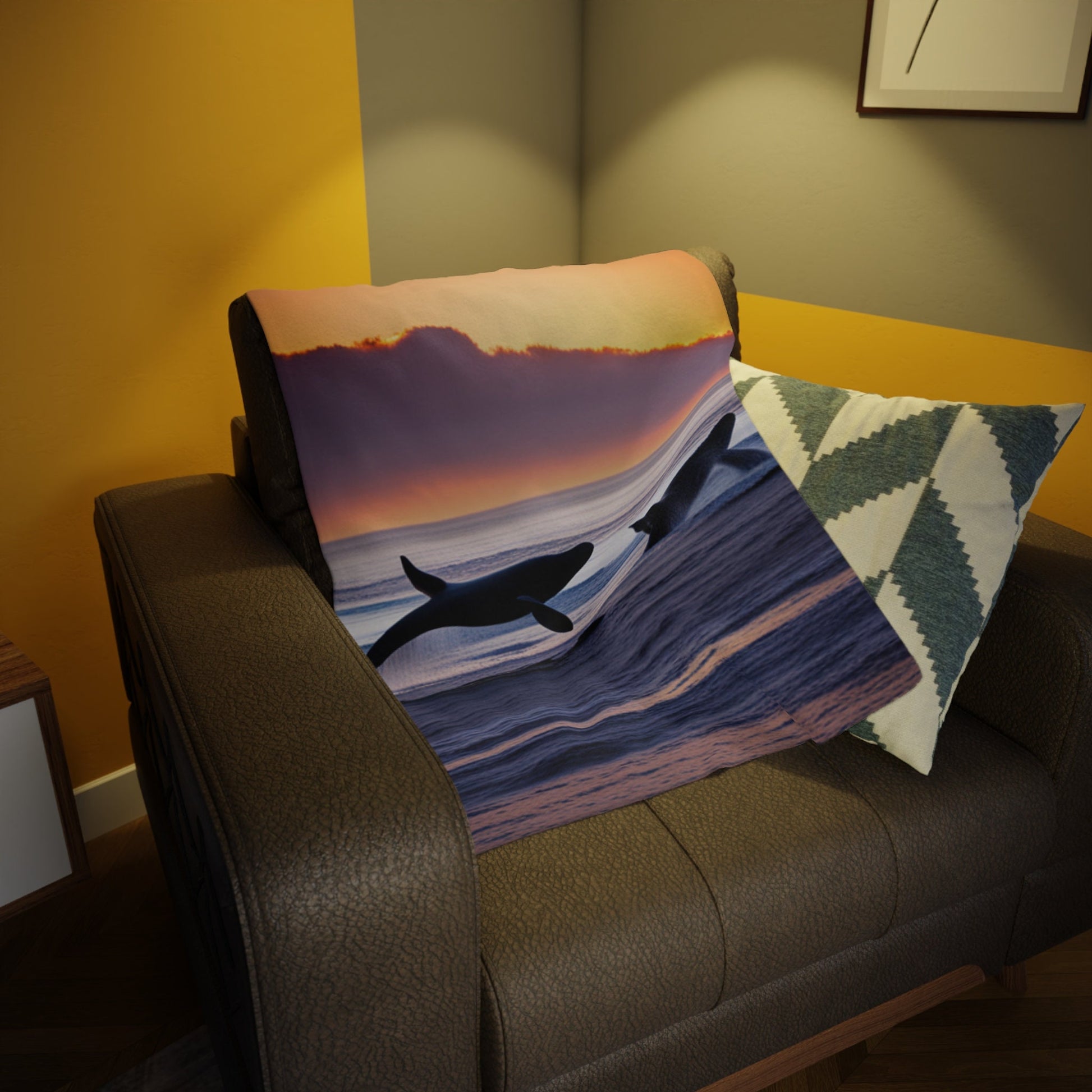 Whales at sunrise Plush Fleece Blanket perfect gift for every beach/ocean and nature lover