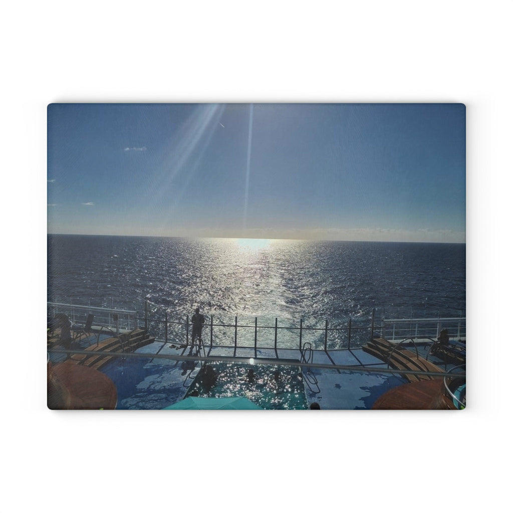 Glass cutting board with Ocean view from the back of a cruise ship