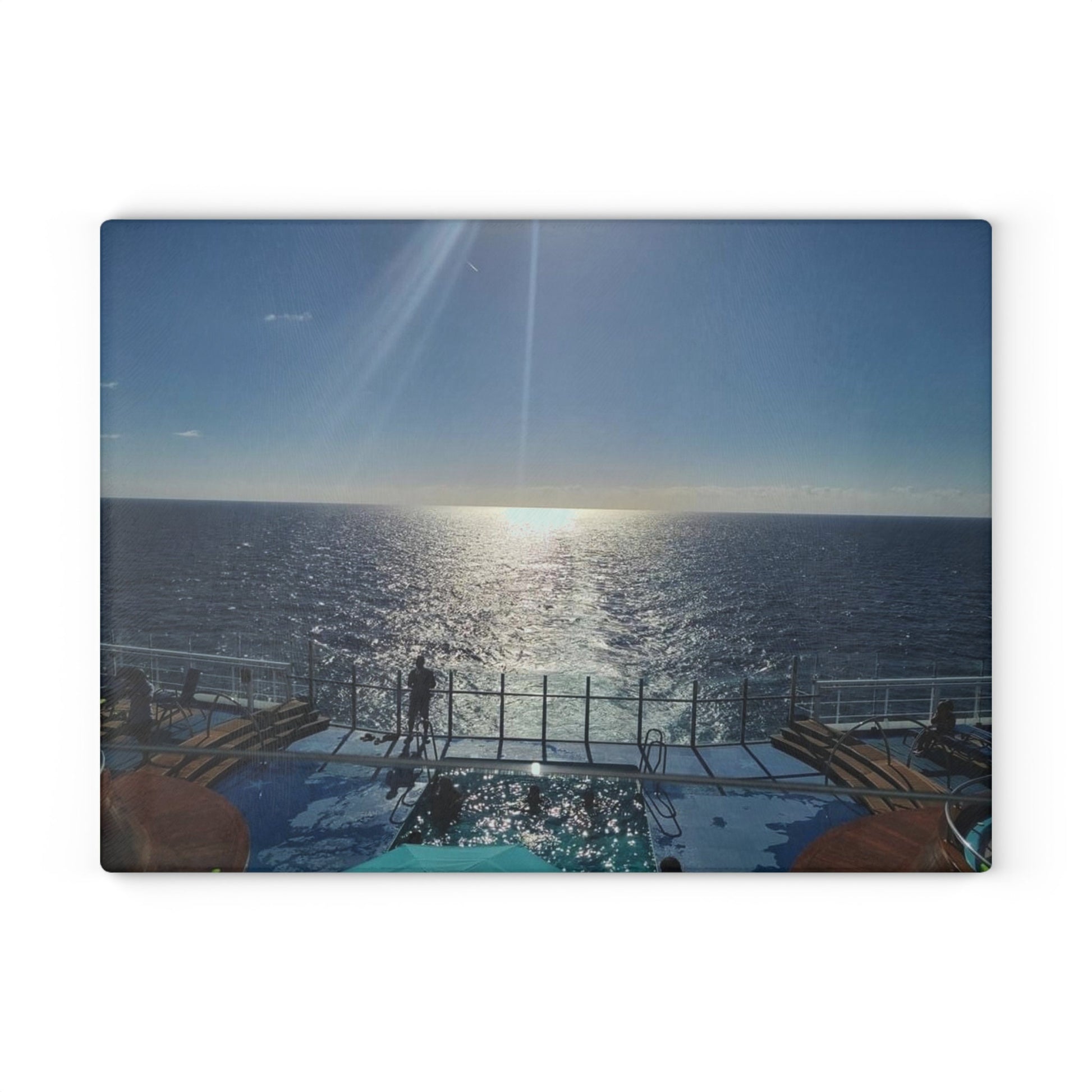 Glass cutting board with Ocean view from the back of a cruise ship