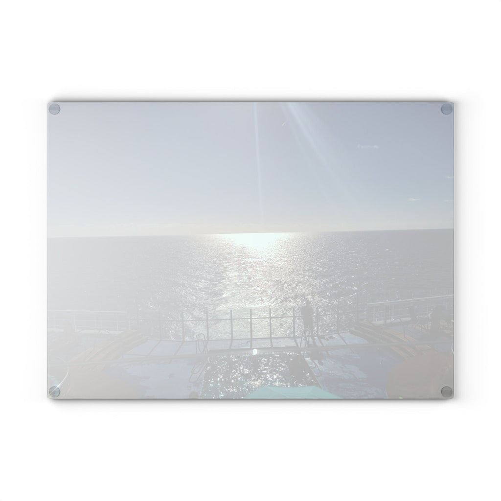 Glass cutting board with Ocean view from the back of a cruise ship