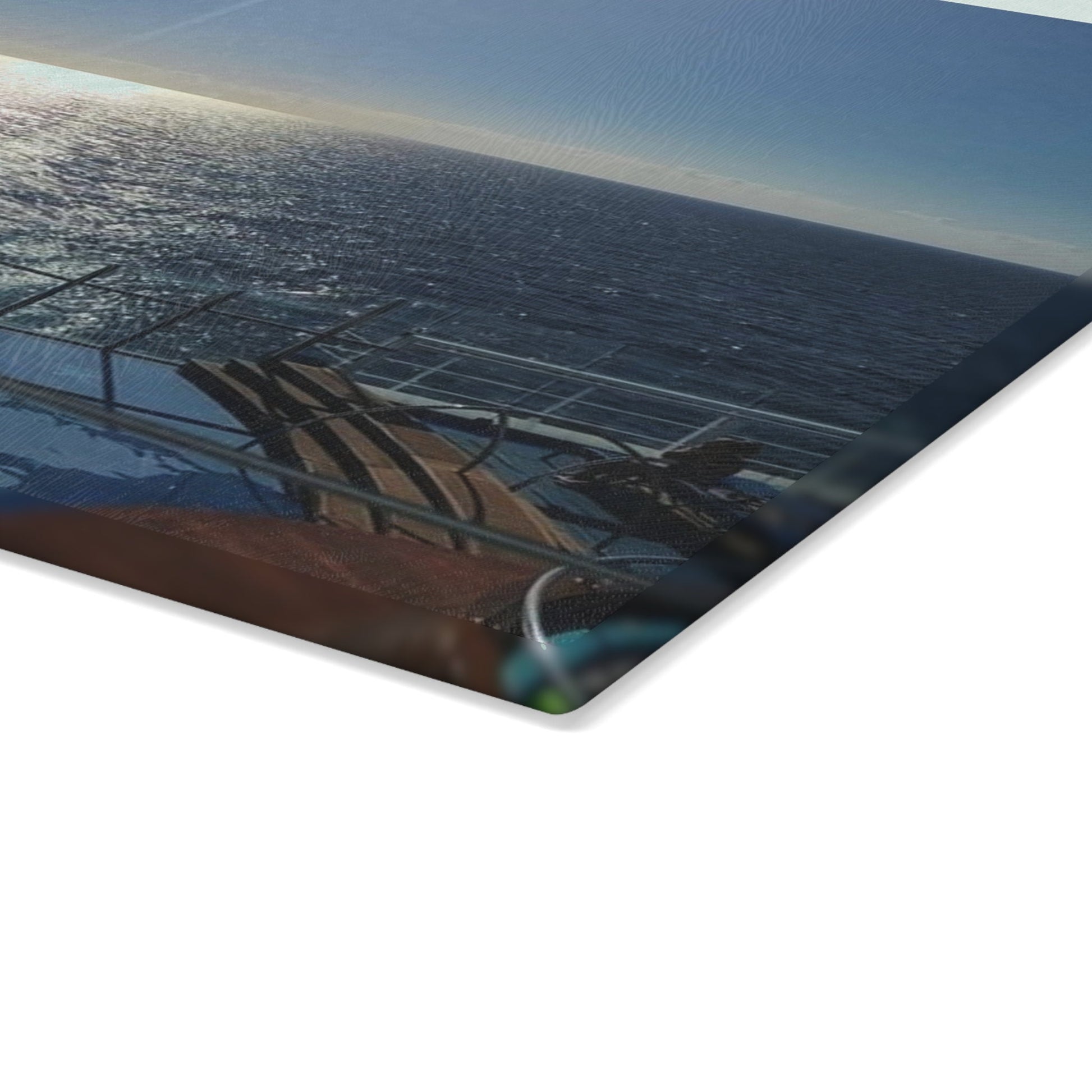 Glass cutting board with Ocean view from the back of a cruise ship