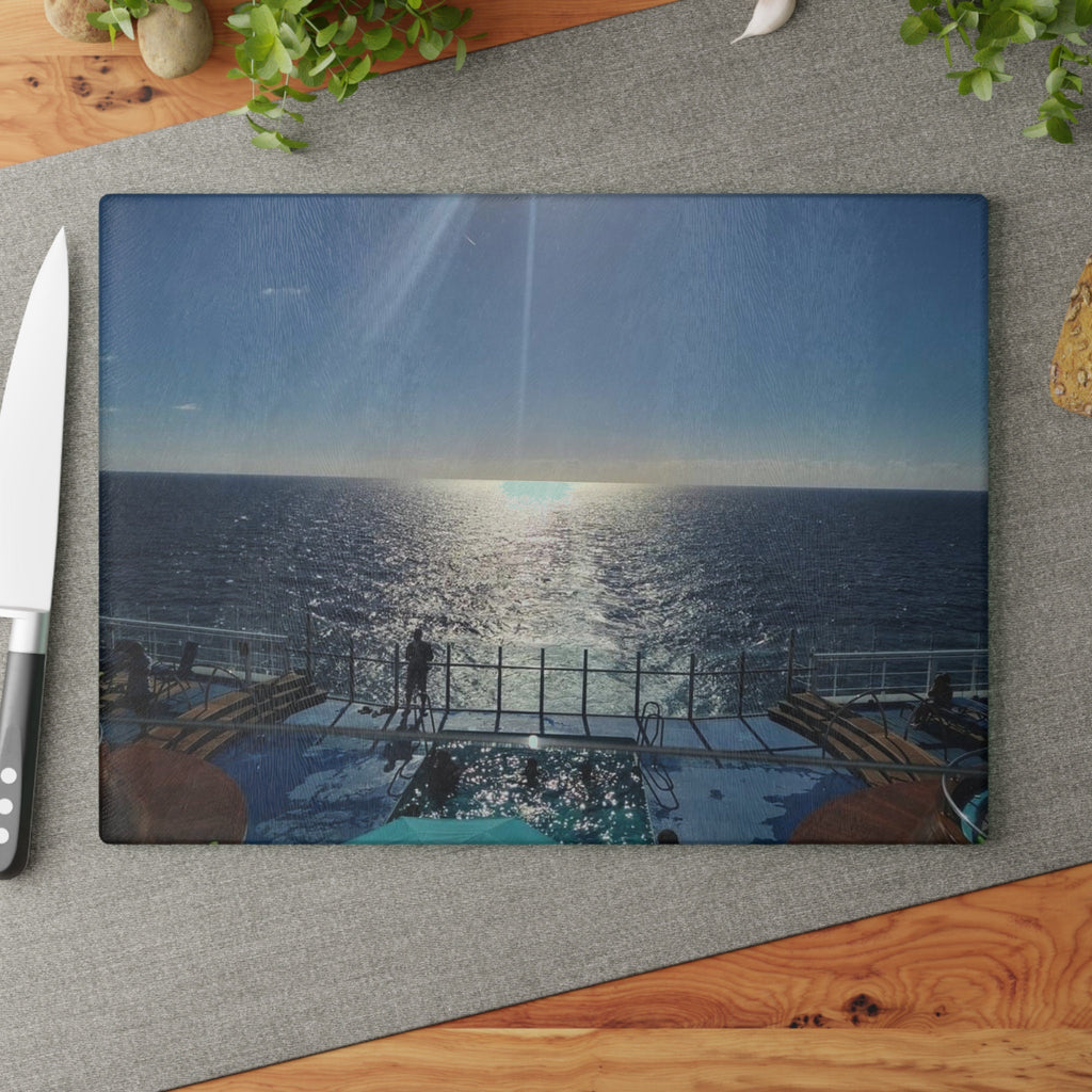 Glass cutting board with Ocean view from the back of a cruise ship