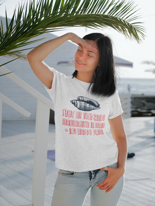 Beach or Ocean T-Shirt "Feet in the Sand Margarita in Hand = My Happy Place"
