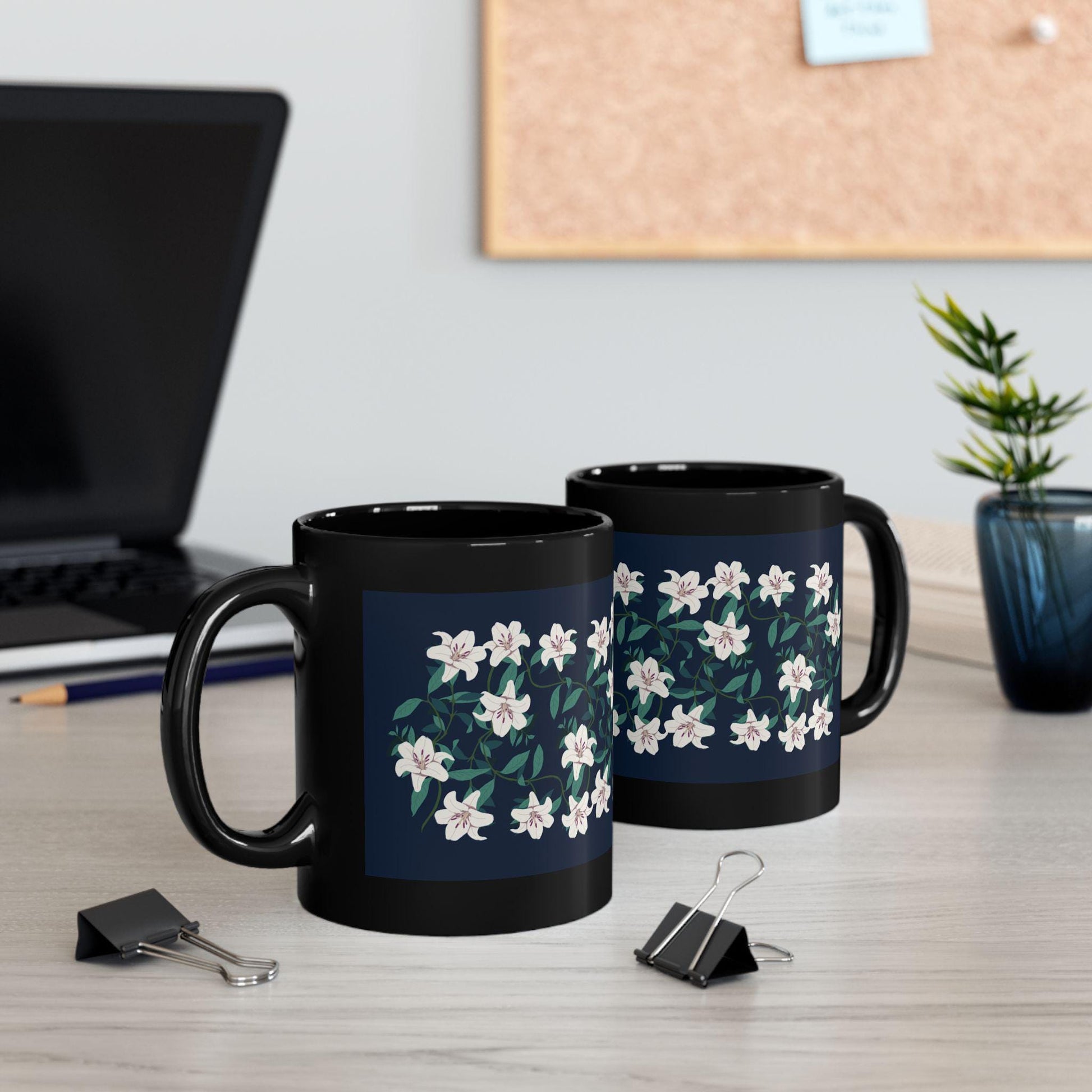 Springtime Flower Mug - Black Coffee Cup (11oz & 15oz) - Floral Drinkware for Tea Lovers - Perfect Gift Idea for Spring