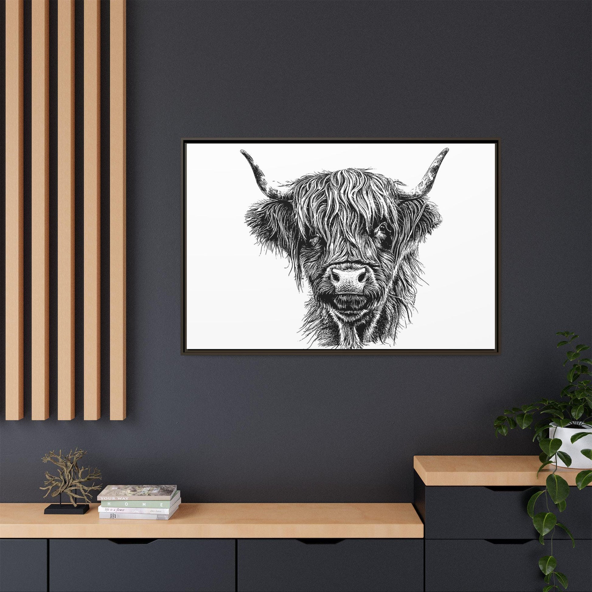 Highland Cow Art Print, Espresso Framed 48"x32" Canvas Farmhouse Decor, Rustic Wall Art, Animal Lover Gift, Home Decor, Office Wall Art