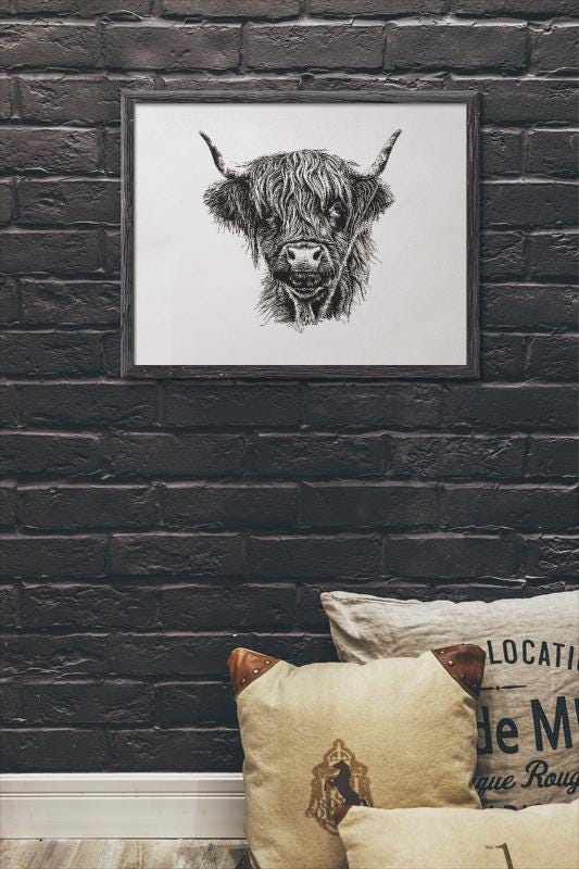 Highland Cow Art Print, Espresso Framed 48"x32" Canvas Farmhouse Decor, Rustic Wall Art, Animal Lover Gift, Home Decor, Office Wall Art