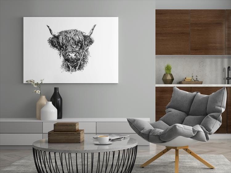 Highland Cow Art Print, Espresso Framed 48"x32" Canvas Farmhouse Decor, Rustic Wall Art, Animal Lover Gift, Home Decor, Office Wall Art