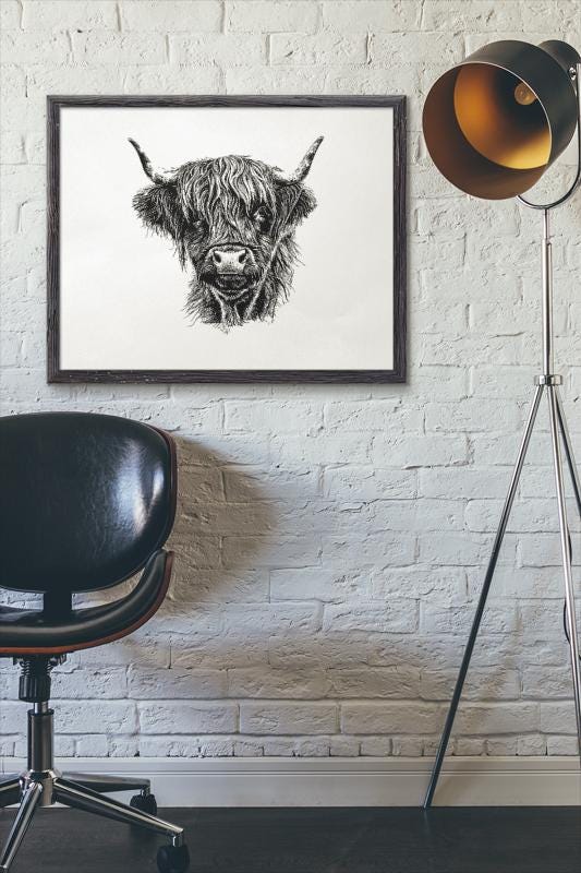 Highland Cow Art Print, Espresso Framed 48"x32" Canvas Farmhouse Decor, Rustic Wall Art, Animal Lover Gift, Home Decor, Office Wall Art