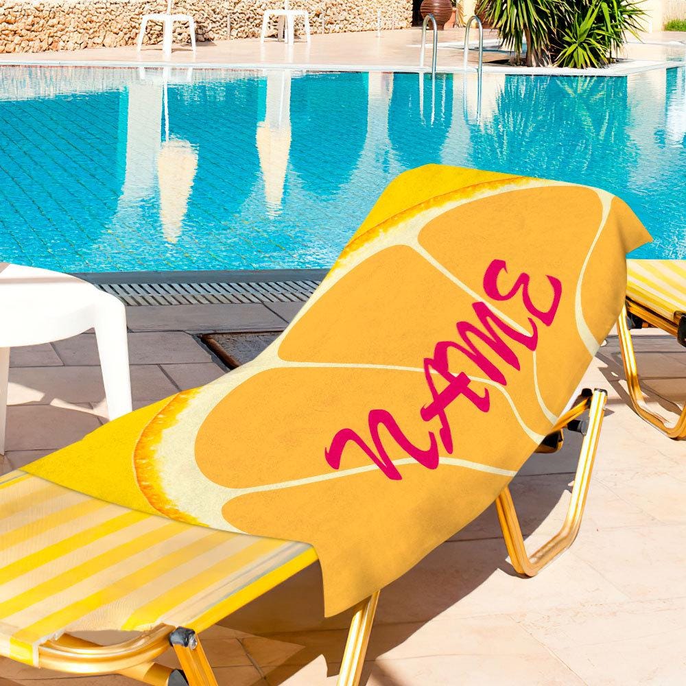 Personalized Beach Towel with Orange Fruit Print – Custom Name Summer Towel for Pool, Poolside & Beach Use
