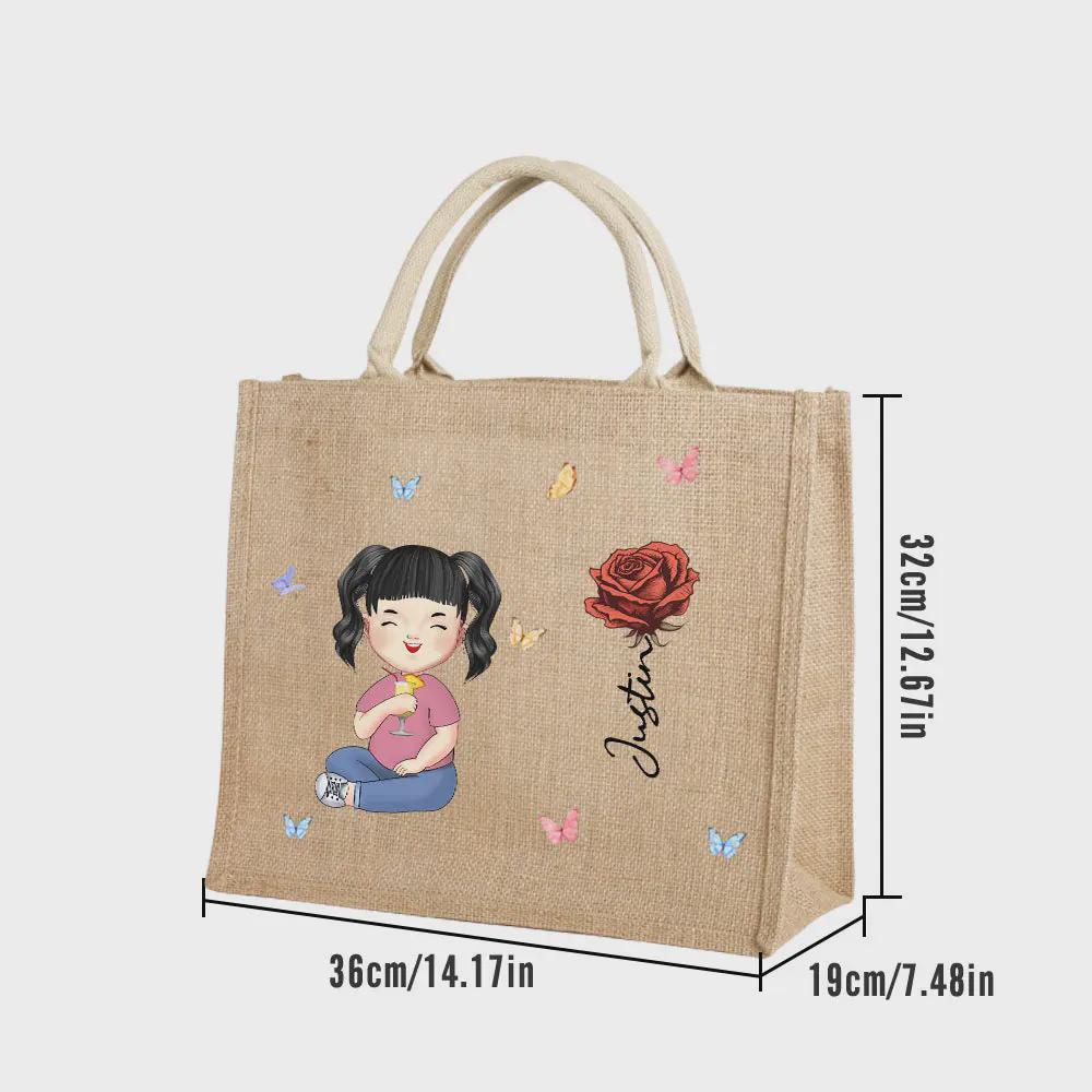 Personalized Birth Flower Jute Tote Bag for Women and Grandmas – Custom Cartoon Garden Design with Name – Wedding & Birthday Gift for Her