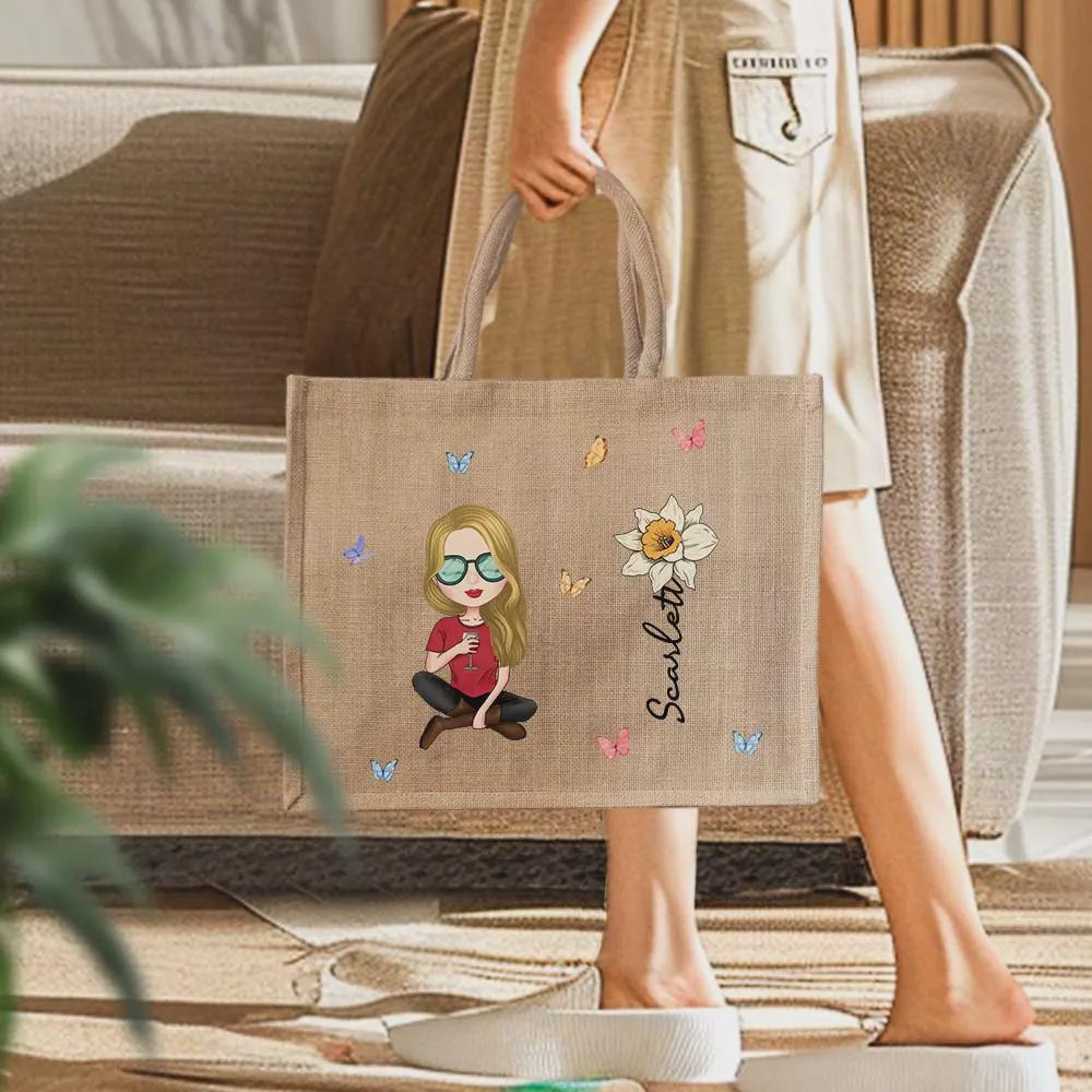 Personalized Birth Flower Jute Tote Bag for Women and Grandmas – Custom Cartoon Garden Design with Name – Wedding & Birthday Gift for Her