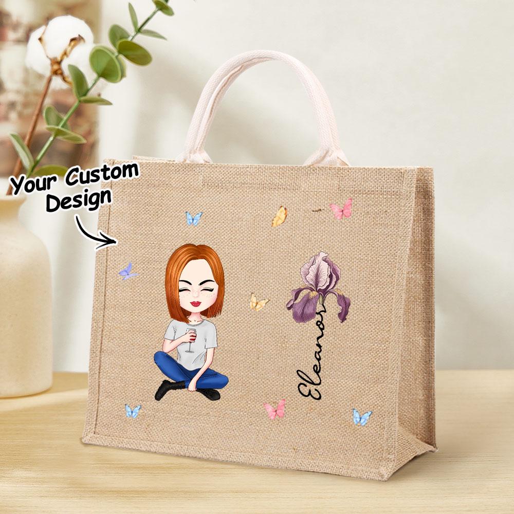 Personalized Birth Flower Jute Tote Bag for Women and Grandmas – Custom Cartoon Garden Design with Name – Wedding & Birthday Gift for Her